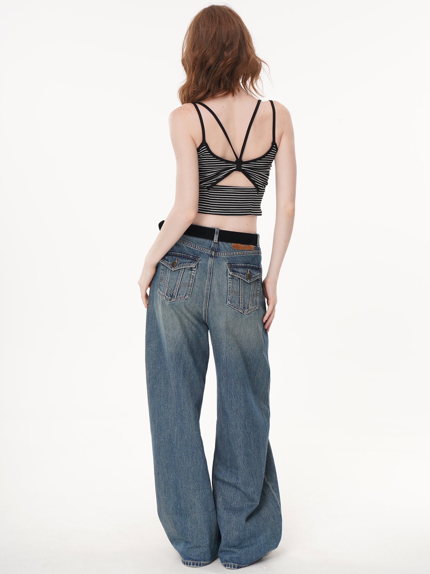 2 Colors Striped & Solid Black Square Neck Thin Strap Ruched Side Cropped Cami Top