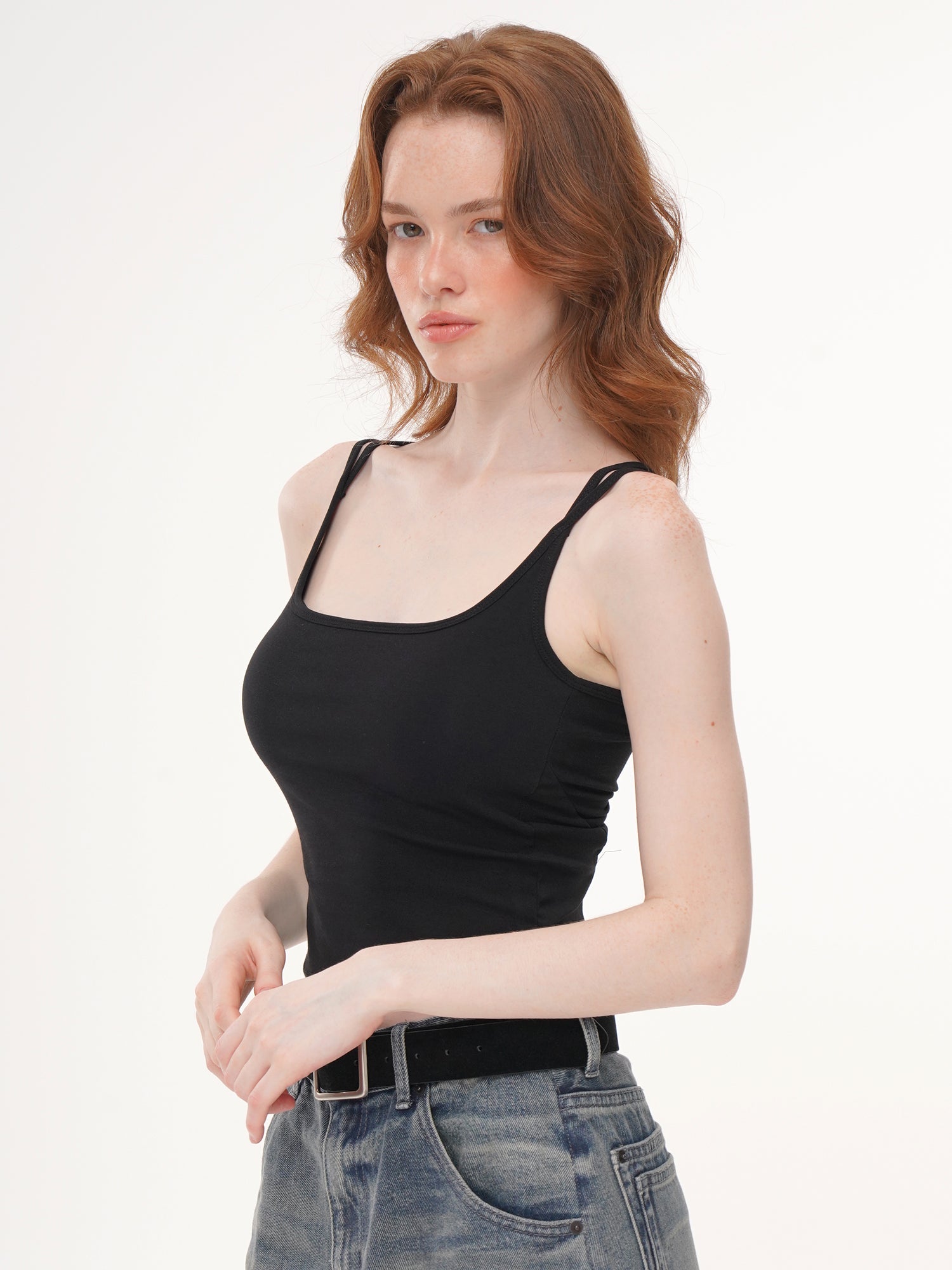 2 Colors Striped & Solid Black Square Neck Thin Strap Ruched Side Cropped Cami Top