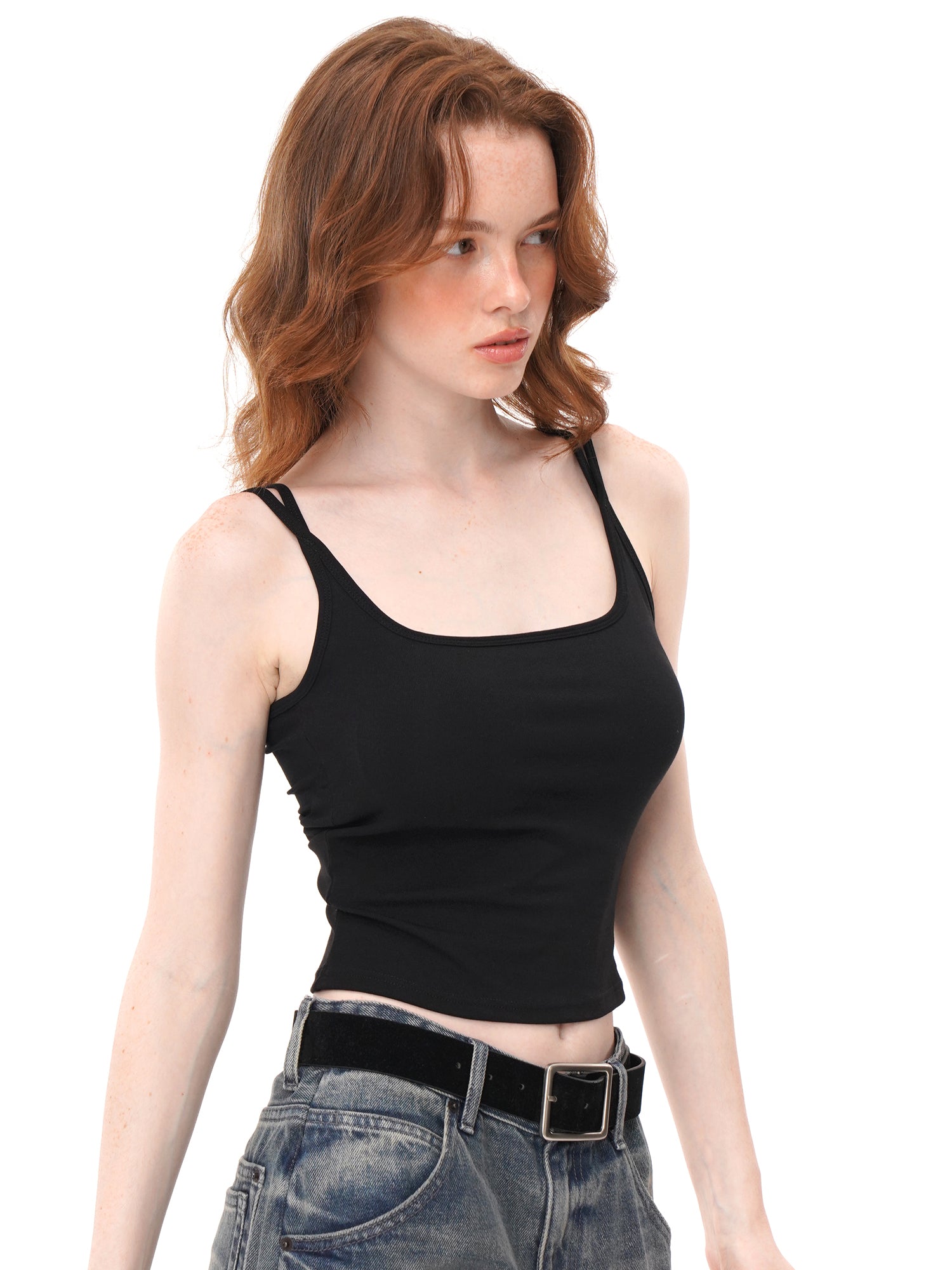 2 Colors Striped & Solid Black Square Neck Thin Strap Ruched Side Cropped Cami Top