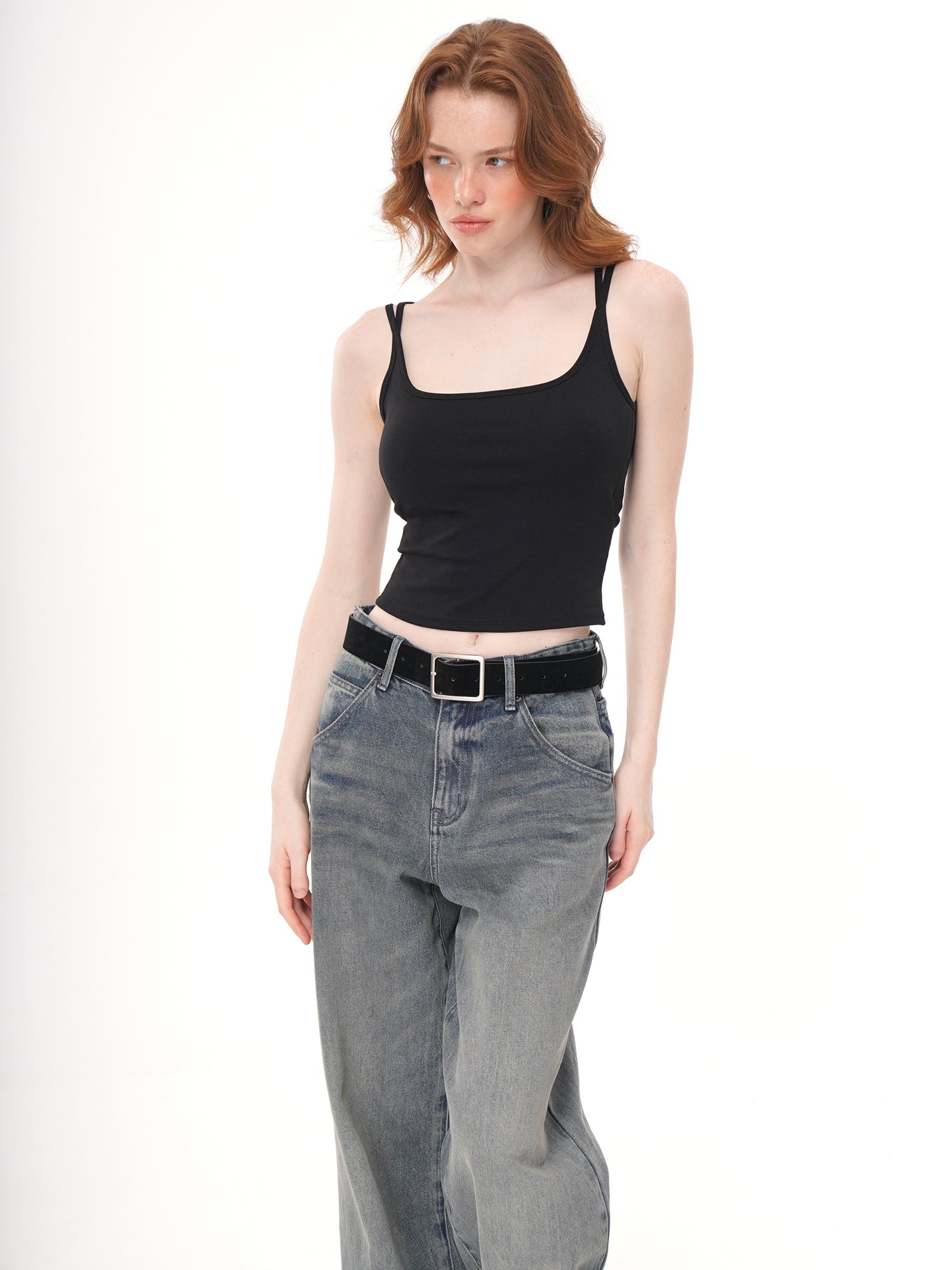 2 Colors Striped & Solid Black Square Neck Thin Strap Ruched Side Cropped Cami Top