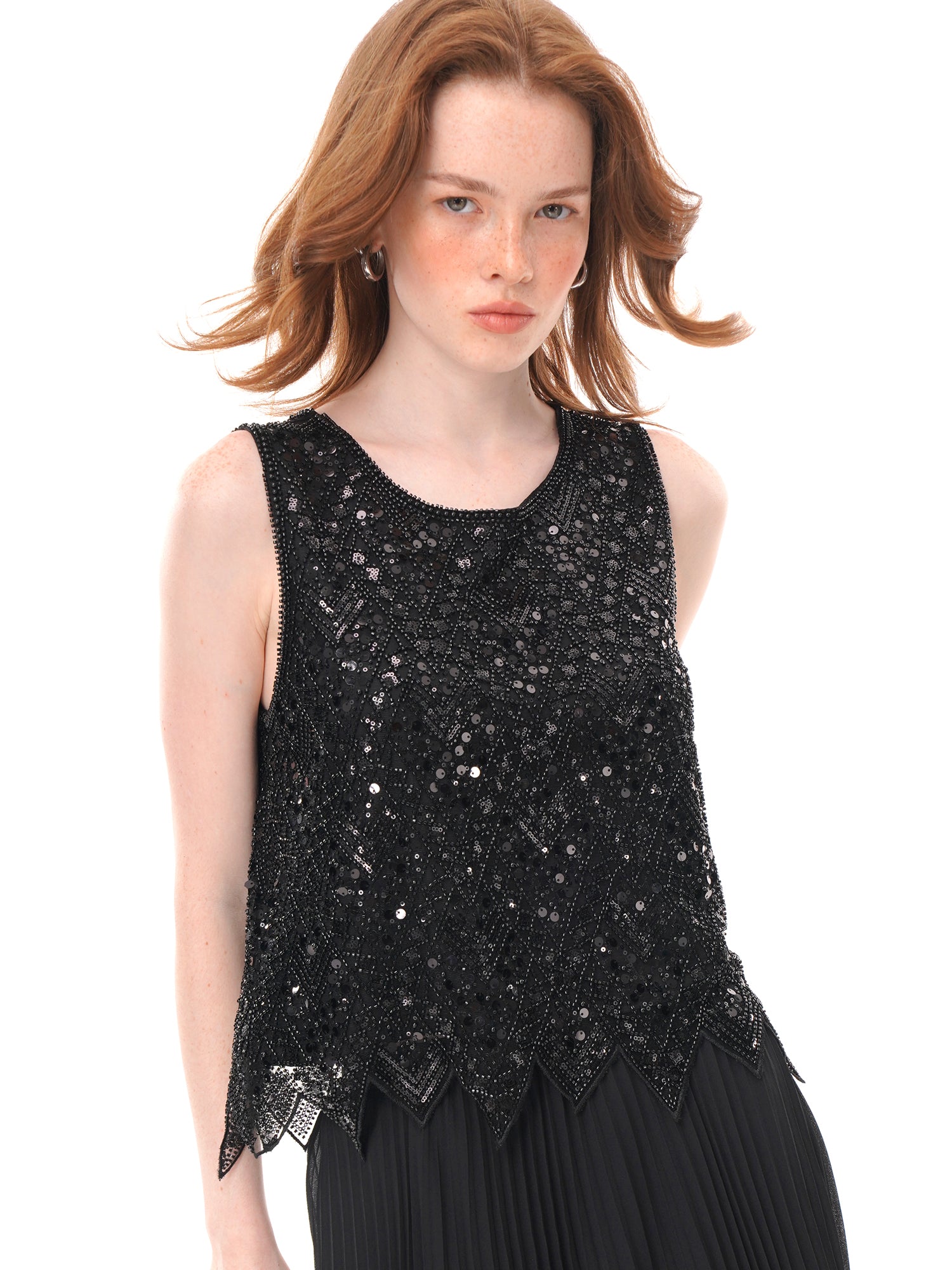 2 Colors Beaded Sequin Mesh Sleeveless Top, Round Neck Irregular Pointed Hem Sheer Vest