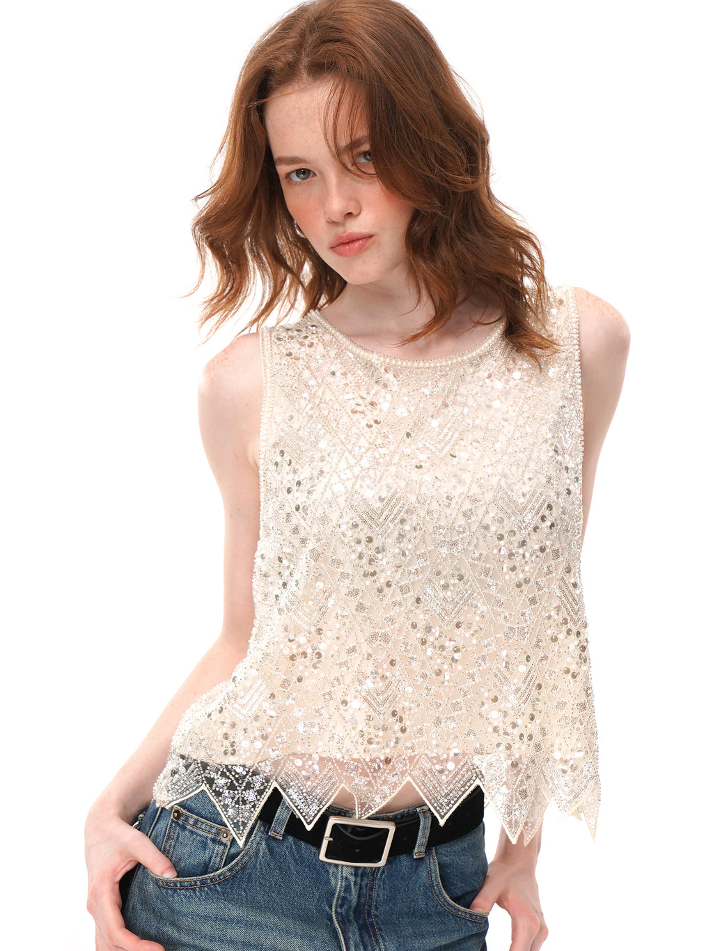 2 Colors Beaded Sequin Mesh Sleeveless Top, Round Neck Irregular Pointed Hem Sheer Vest