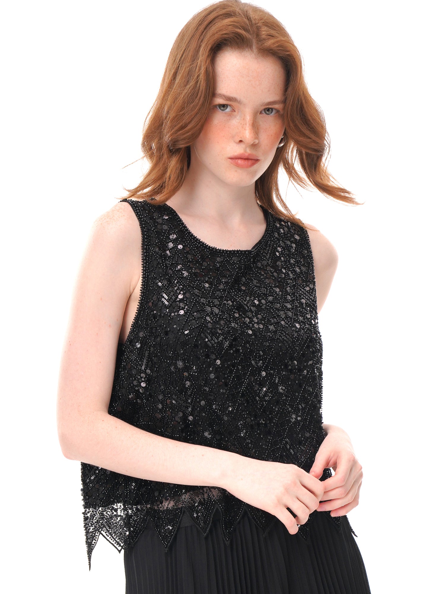2 Colors Beaded Sequin Mesh Sleeveless Top, Round Neck Irregular Pointed Hem Sheer Vest