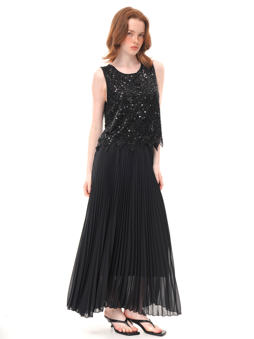 2 Colors Beaded Sequin Mesh Sleeveless Top, Round Neck Irregular Pointed Hem Sheer Vest
