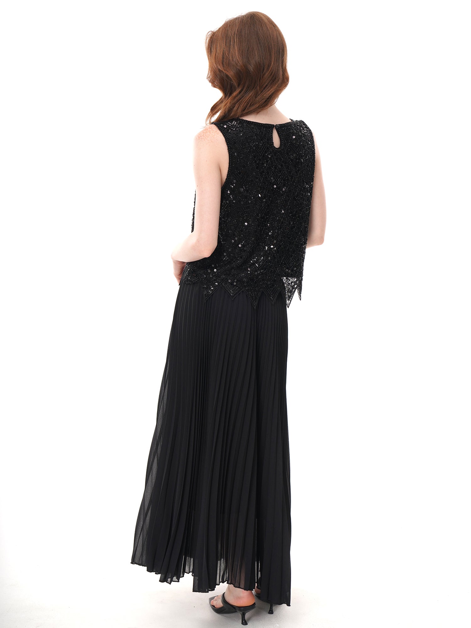 2 Colors Beaded Sequin Mesh Sleeveless Top, Round Neck Irregular Pointed Hem Sheer Vest