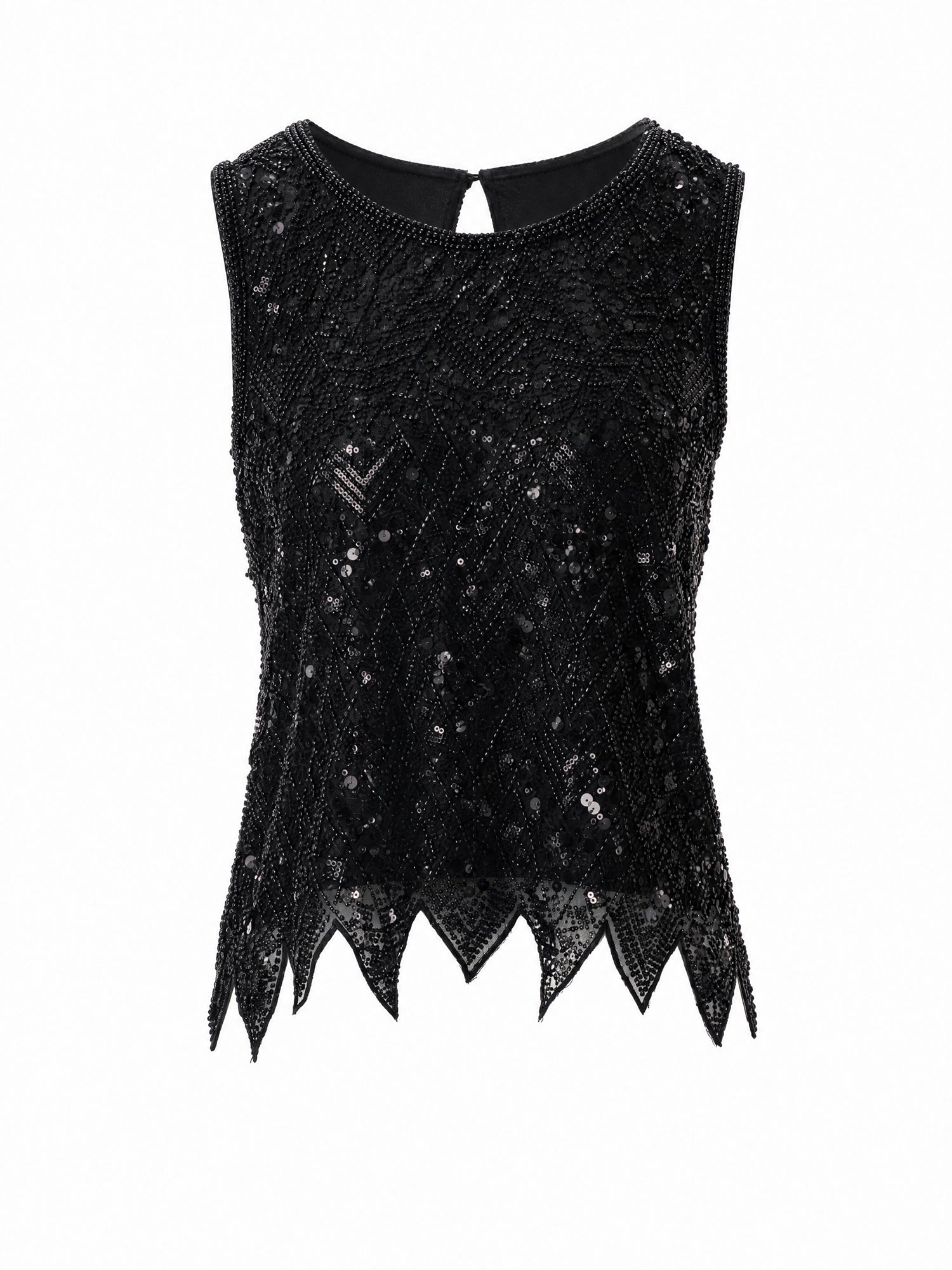 2 Colors Beaded Sequin Mesh Sleeveless Top, Round Neck Irregular Pointed Hem Sheer Vest
