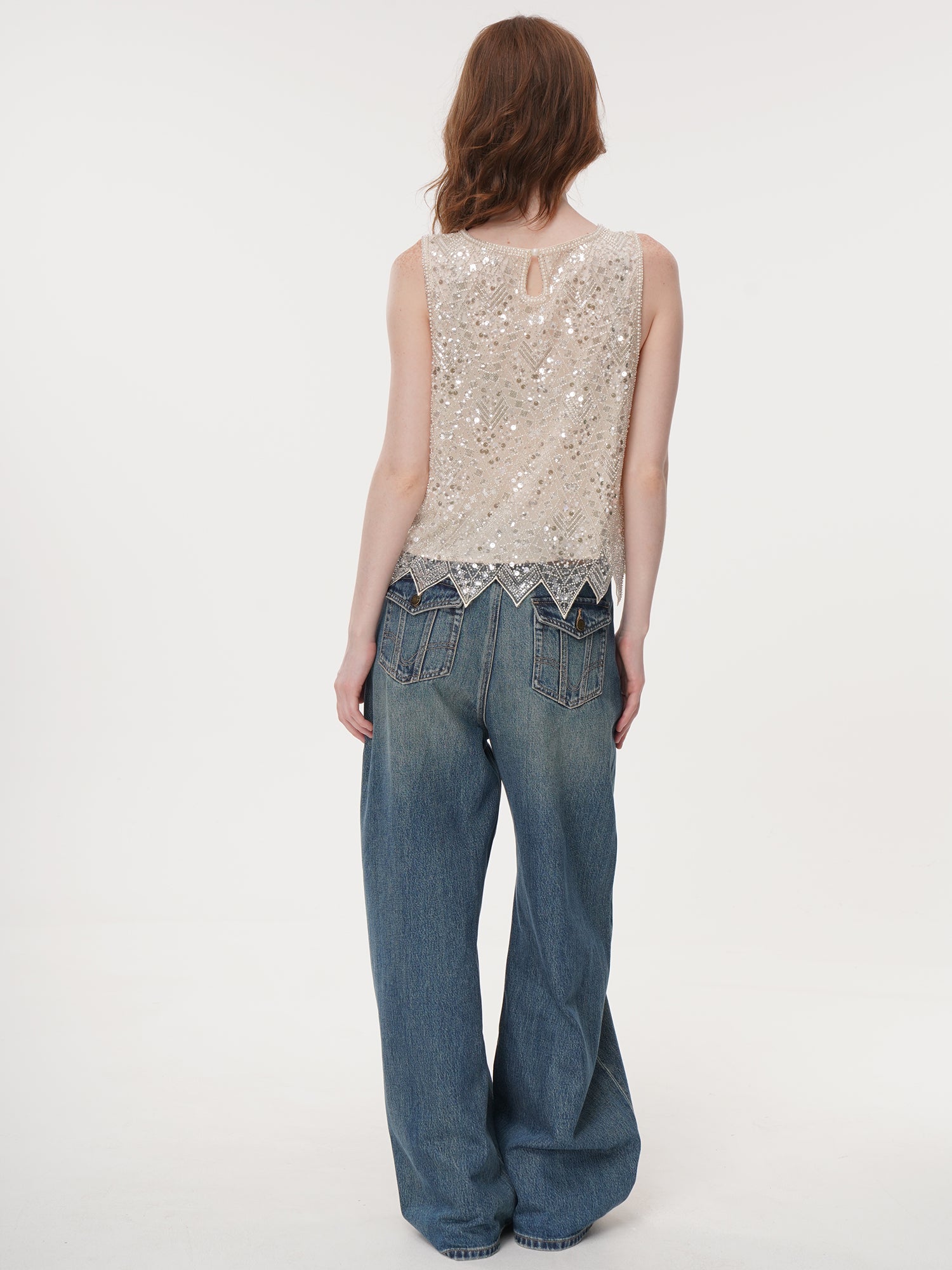 2 Colors Beaded Sequin Mesh Sleeveless Top, Round Neck Irregular Pointed Hem Sheer Vest