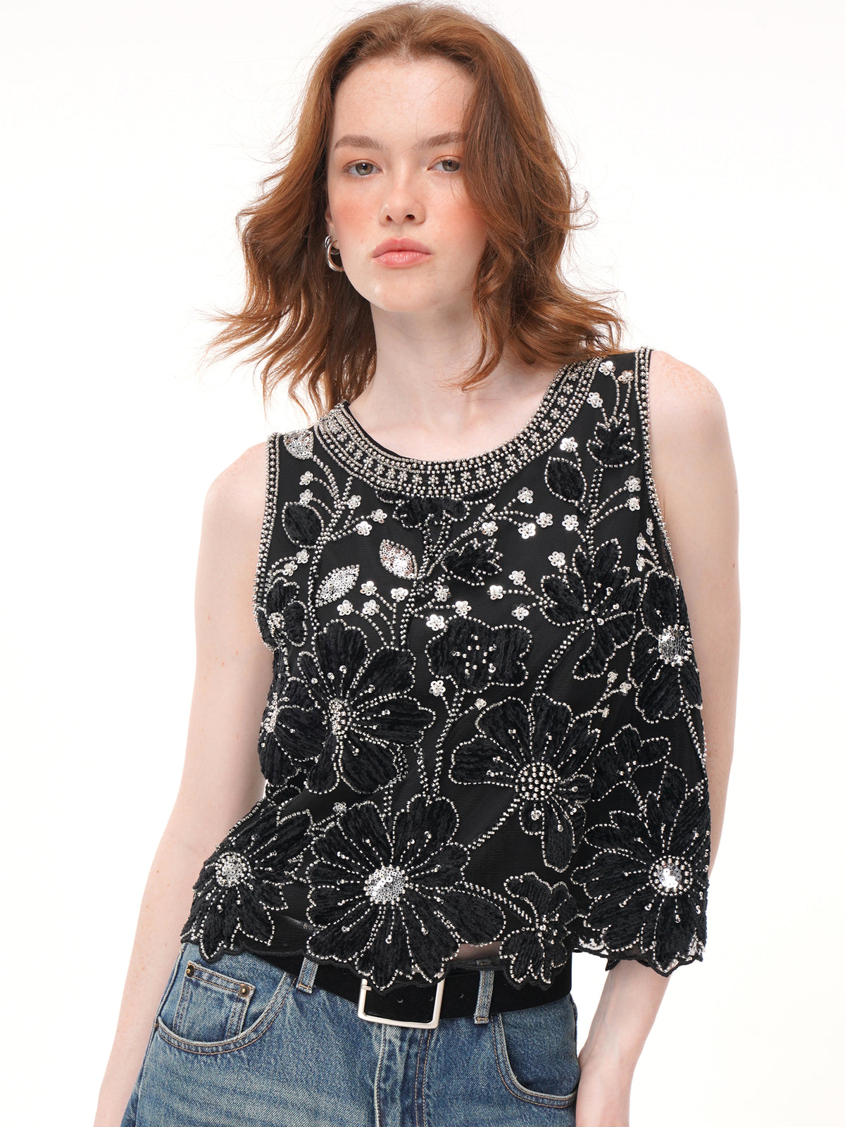2 Colors Floral Applique Beaded Sleeveless Top, Round Neck Rhinestone Embellished Sheer Vest