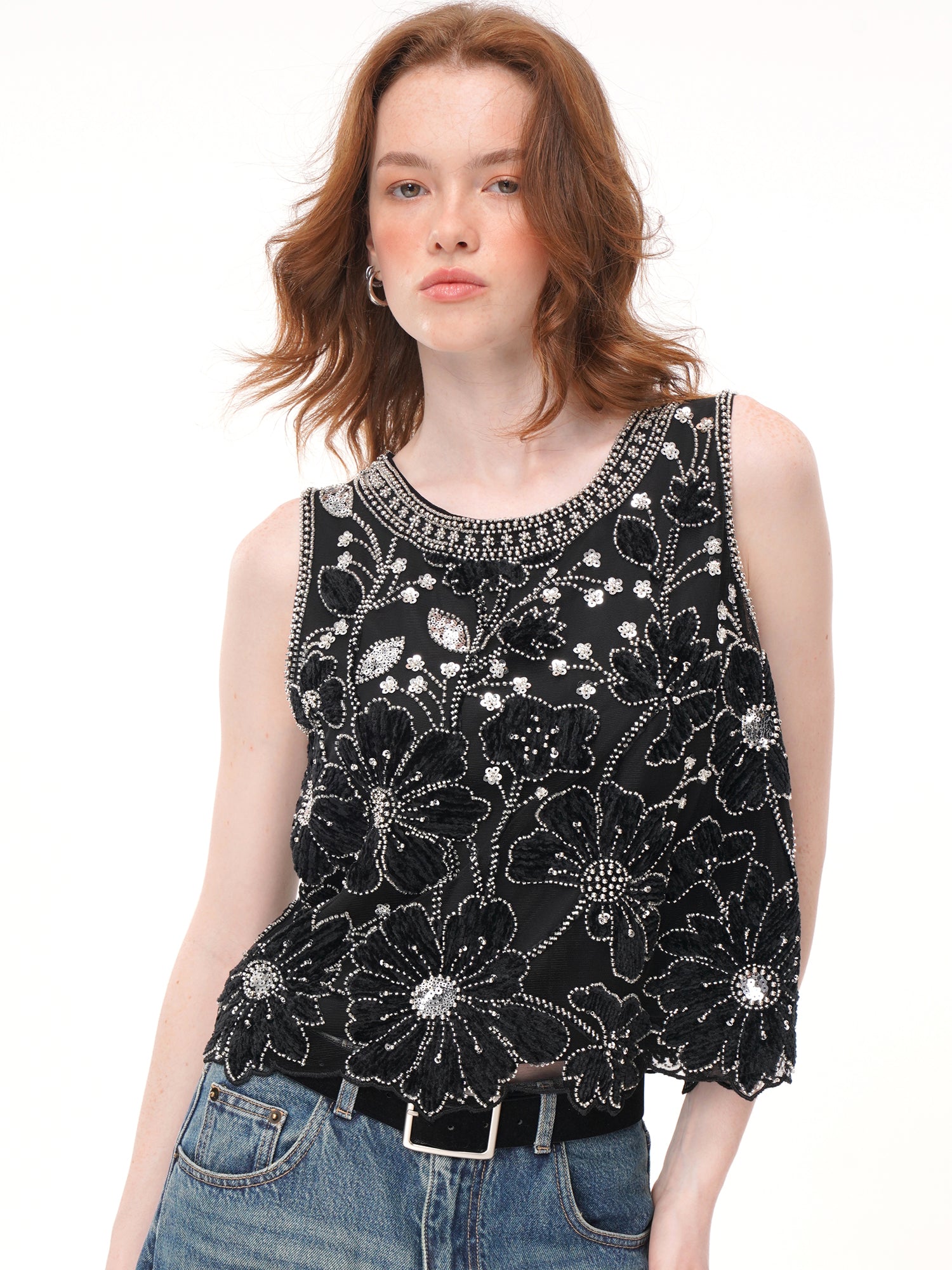 2 Colors Floral Applique Beaded Sleeveless Top, Round Neck Rhinestone Embellished Sheer Vest