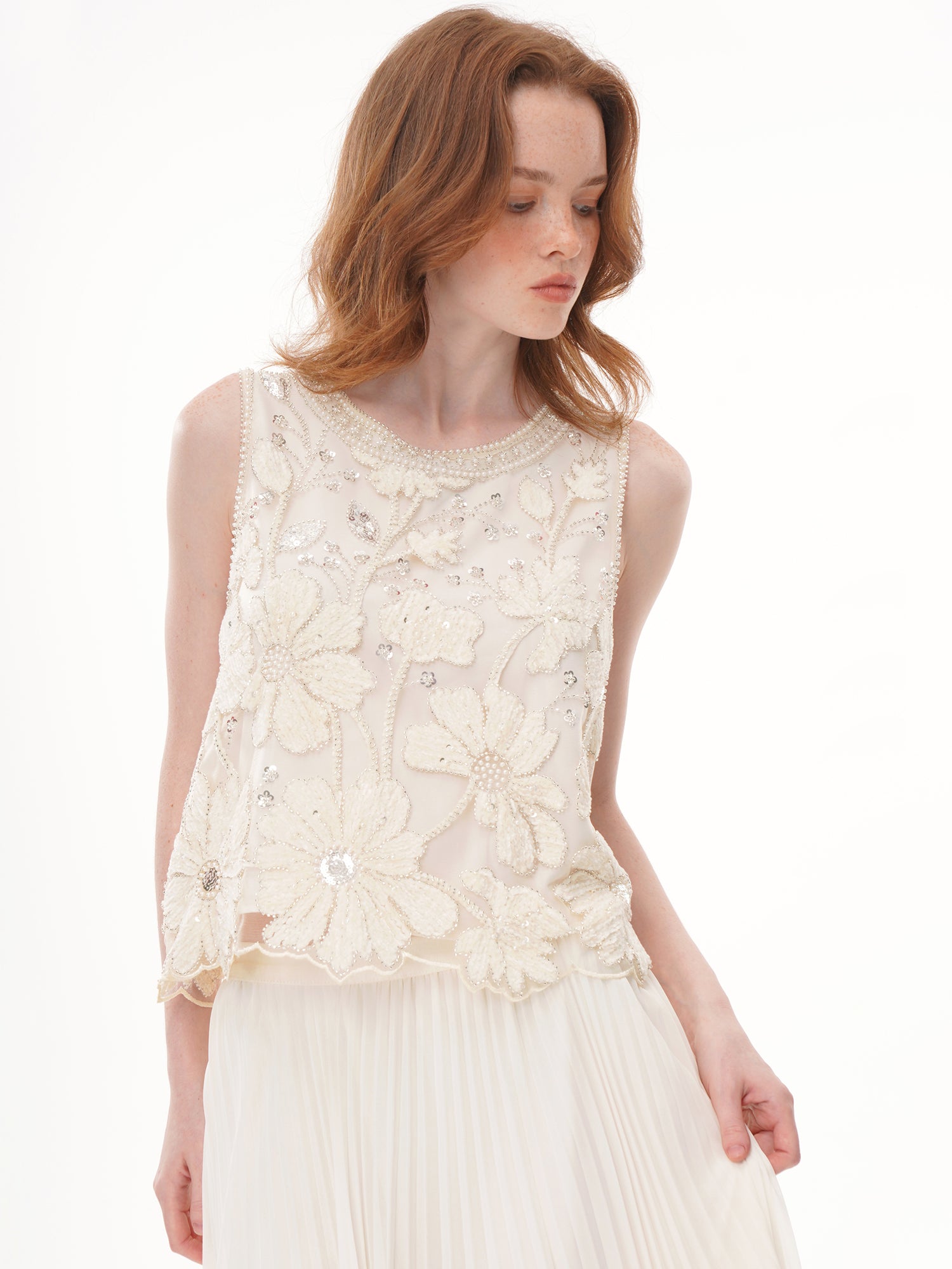 2 Colors Floral Applique Beaded Sleeveless Top, Round Neck Rhinestone Embellished Sheer Vest
