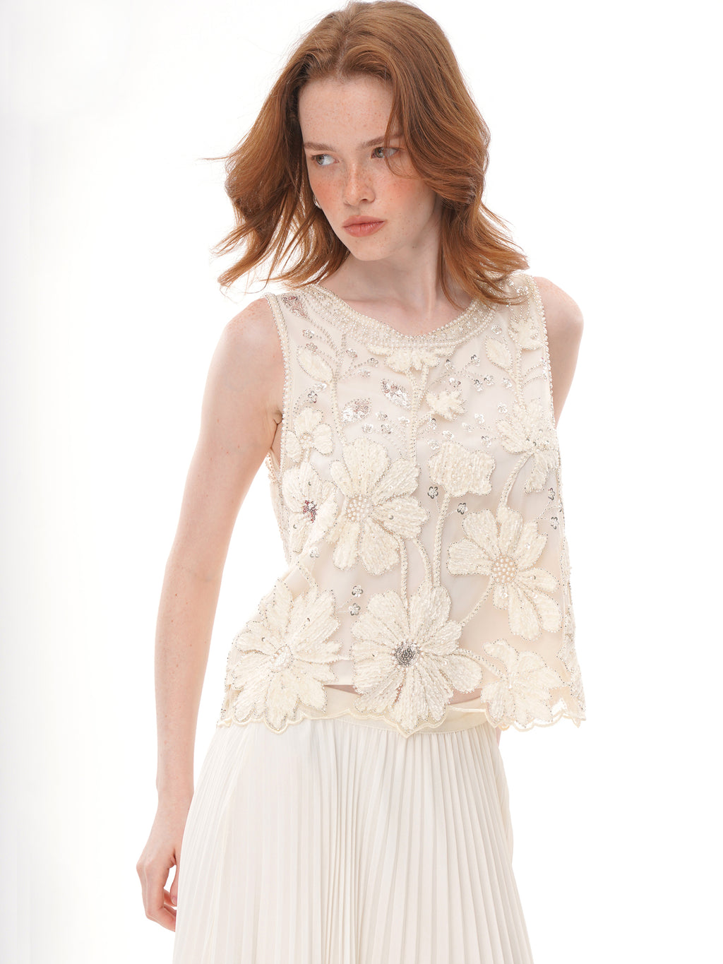 2 Colors Floral Applique Beaded Sleeveless Top, Round Neck Rhinestone Embellished Sheer Vest