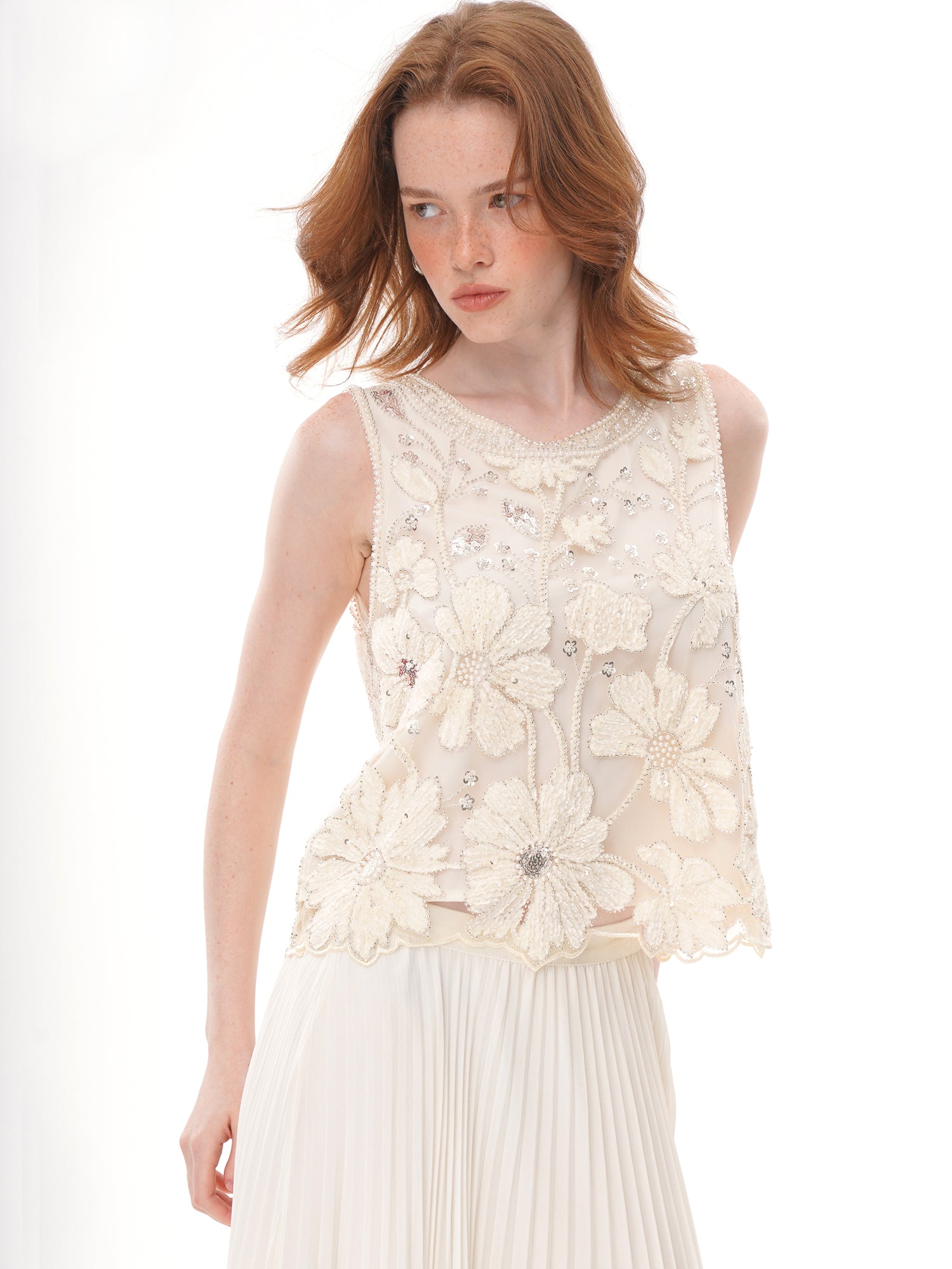 2 Colors Floral Applique Beaded Sleeveless Top, Round Neck Rhinestone Embellished Sheer Vest