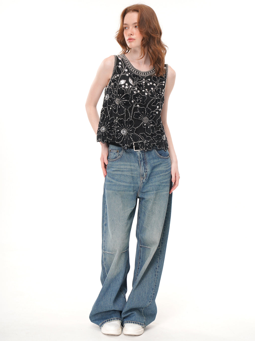 2 Colors Floral Applique Beaded Sleeveless Top, Round Neck Rhinestone Embellished Sheer Vest