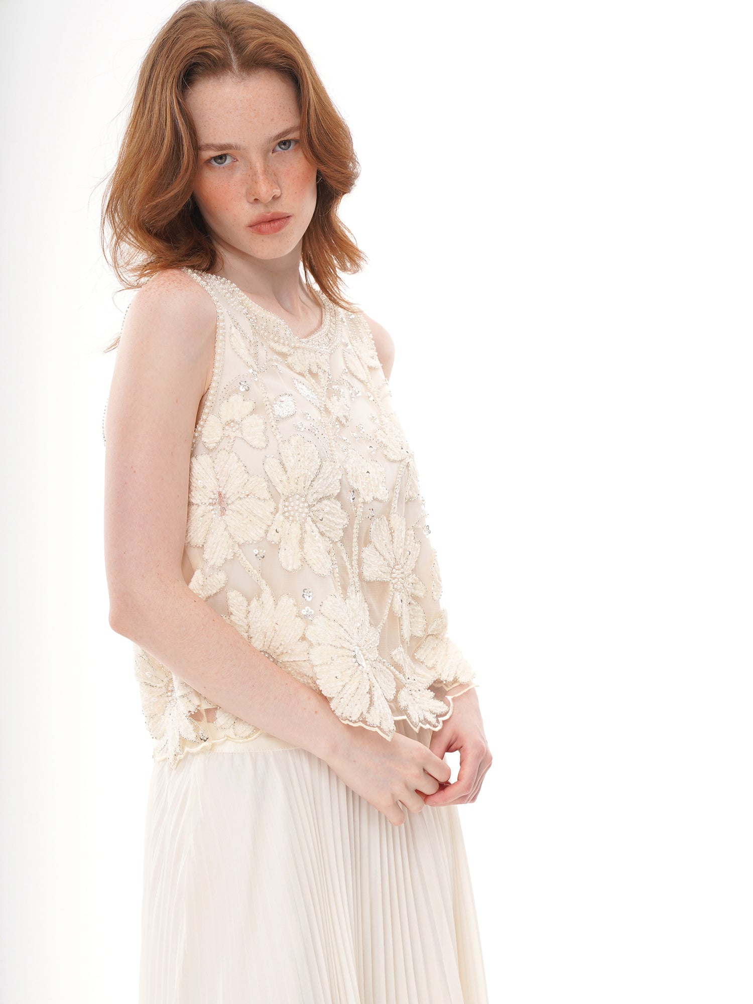 2 Colors Floral Applique Beaded Sleeveless Top, Round Neck Rhinestone Embellished Sheer Vest