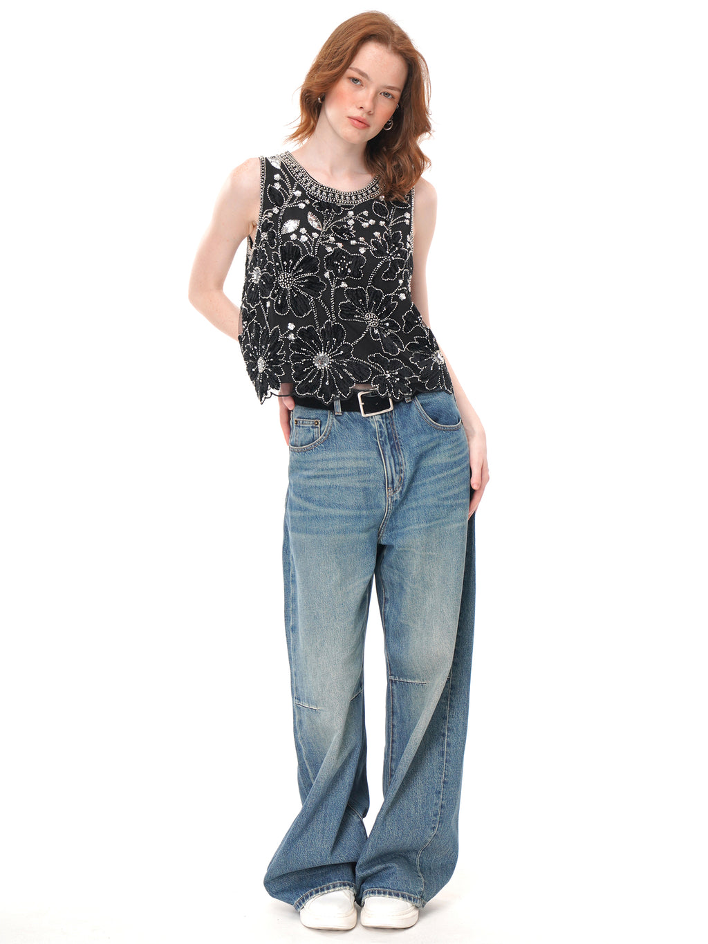 2 Colors Floral Applique Beaded Sleeveless Top, Round Neck Rhinestone Embellished Sheer Vest