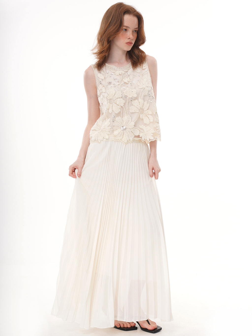 2 Colors Floral Applique Beaded Sleeveless Top, Round Neck Rhinestone Embellished Sheer Vest