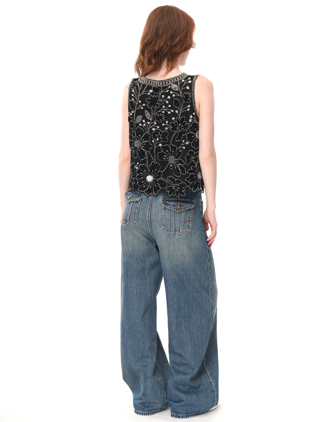 2 Colors Floral Applique Beaded Sleeveless Top, Round Neck Rhinestone Embellished Sheer Vest