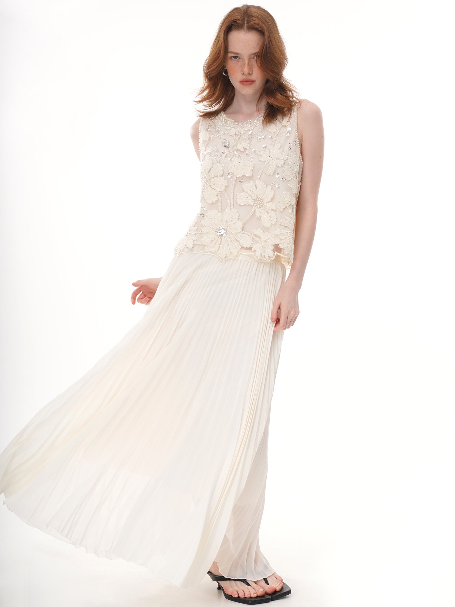 2 Colors Floral Applique Beaded Sleeveless Top, Round Neck Rhinestone Embellished Sheer Vest