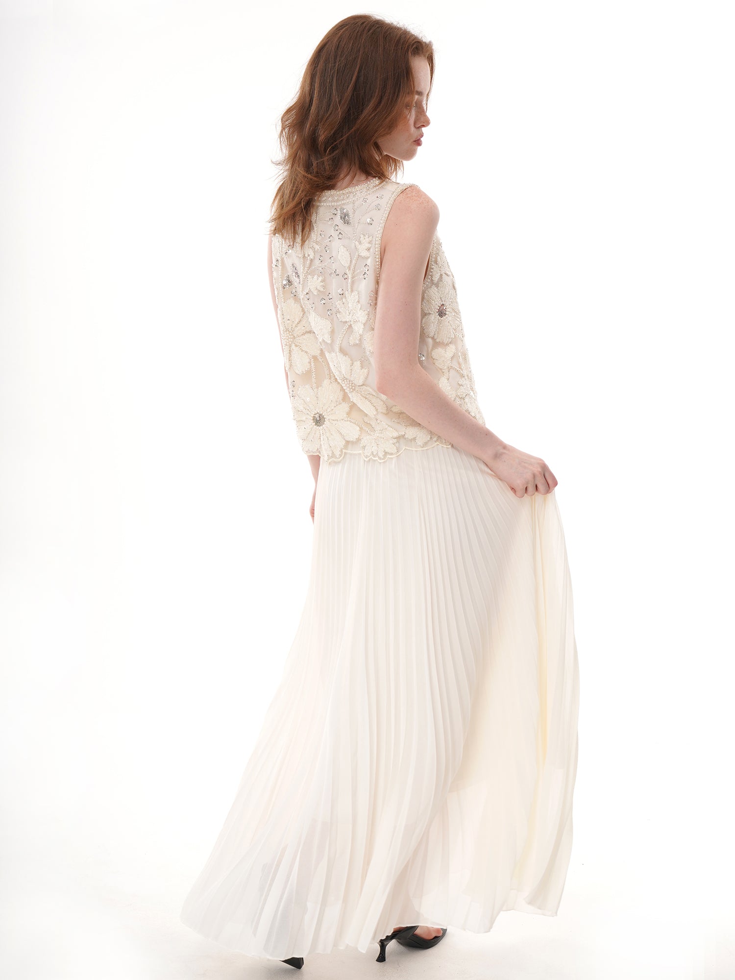 2 Colors Floral Applique Beaded Sleeveless Top, Round Neck Rhinestone Embellished Sheer Vest