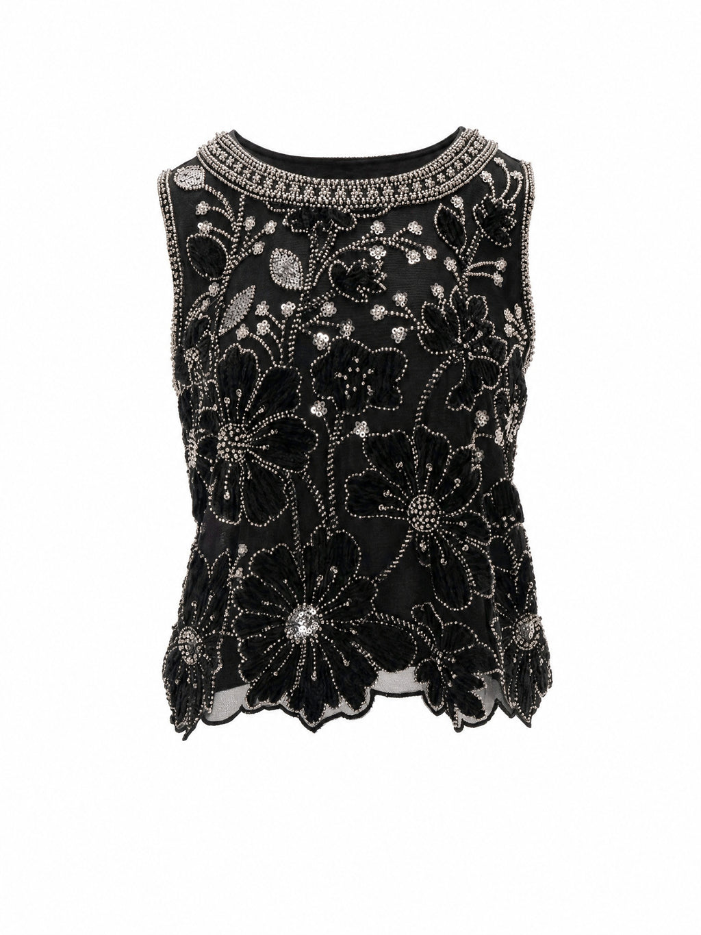 2 Colors Floral Applique Beaded Sleeveless Top, Round Neck Rhinestone Embellished Sheer Vest