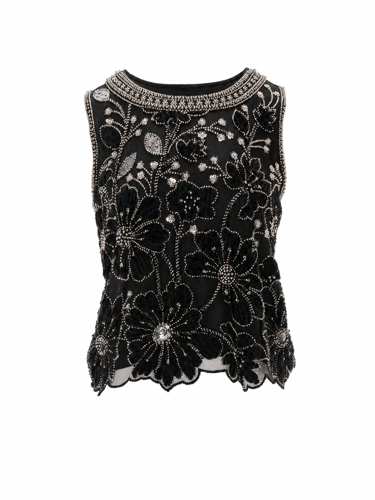 2 Colors Floral Applique Beaded Sleeveless Top, Round Neck Rhinestone Embellished Sheer Vest