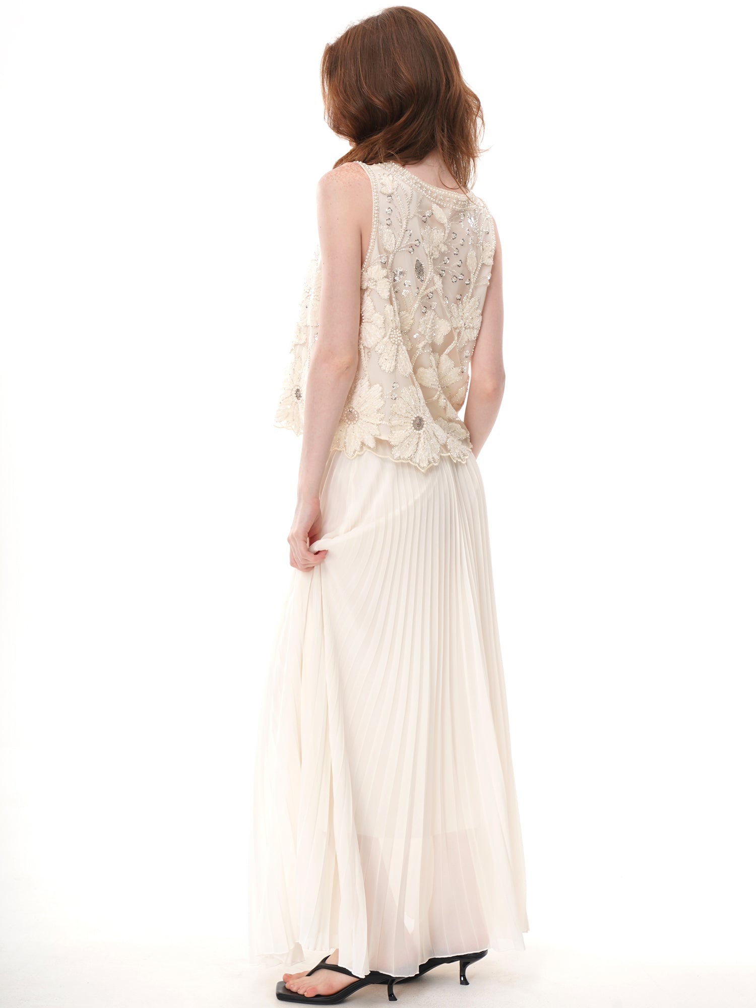 2 Colors Floral Applique Beaded Sleeveless Top, Round Neck Rhinestone Embellished Sheer Vest