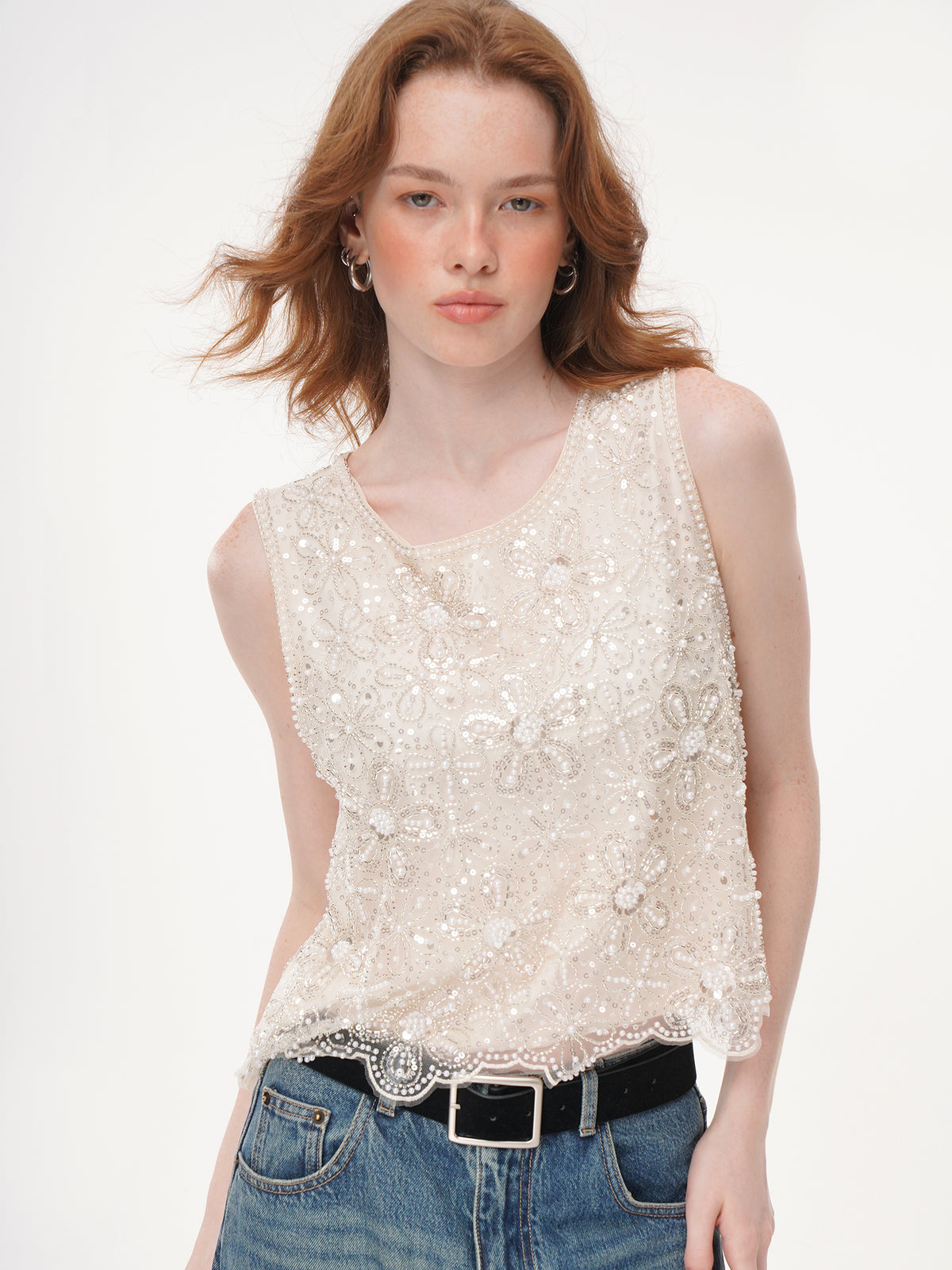 Cream Floral Pearl Beaded Rhinestone Mesh Sleeveless Top, Round Neck Scalloped Lace Hem Sheer Vest