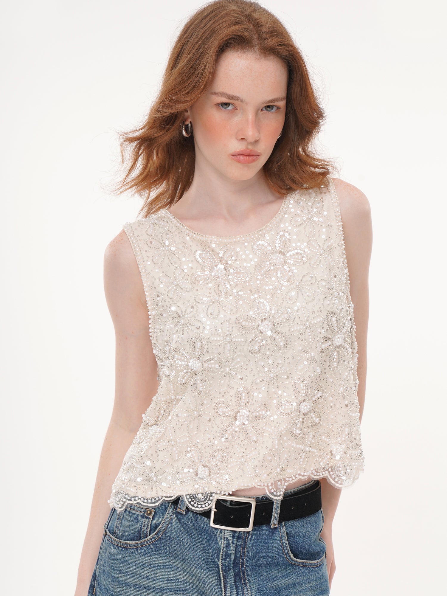 Cream Floral Pearl Beaded Rhinestone Mesh Sleeveless Top, Round Neck Scalloped Lace Hem Sheer Vest