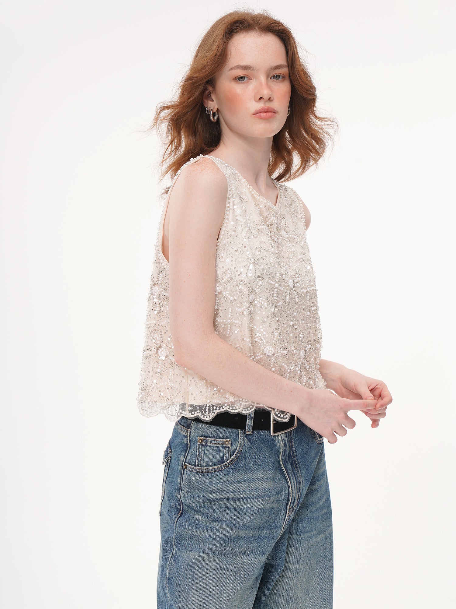 Cream Floral Pearl Beaded Rhinestone Mesh Sleeveless Top, Round Neck Scalloped Lace Hem Sheer Vest