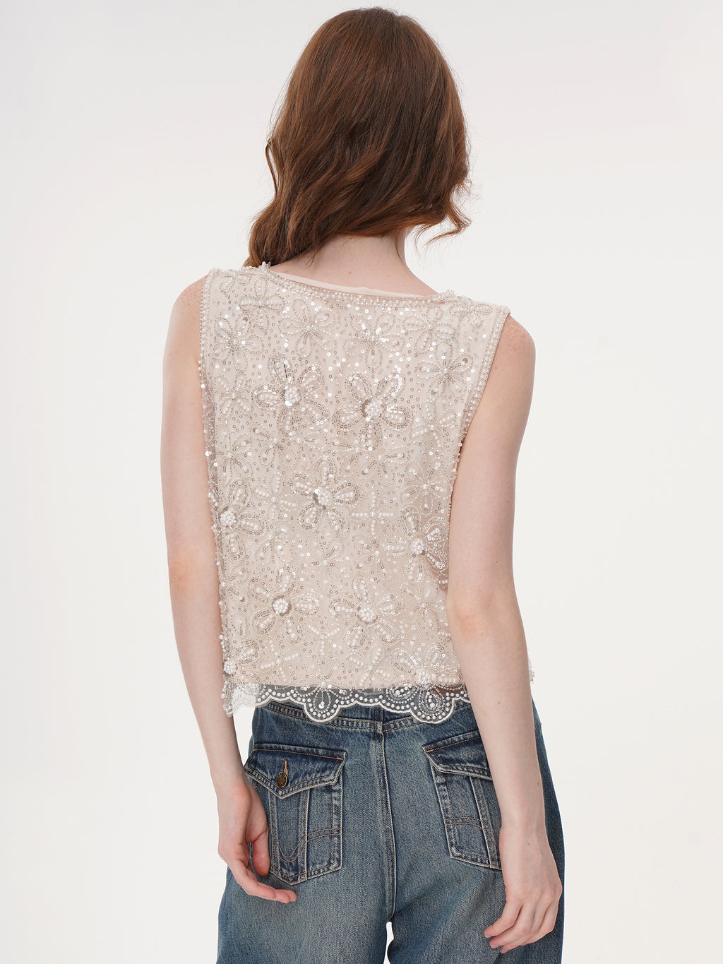 Cream Floral Pearl Beaded Rhinestone Mesh Sleeveless Top, Round Neck Scalloped Lace Hem Sheer Vest
