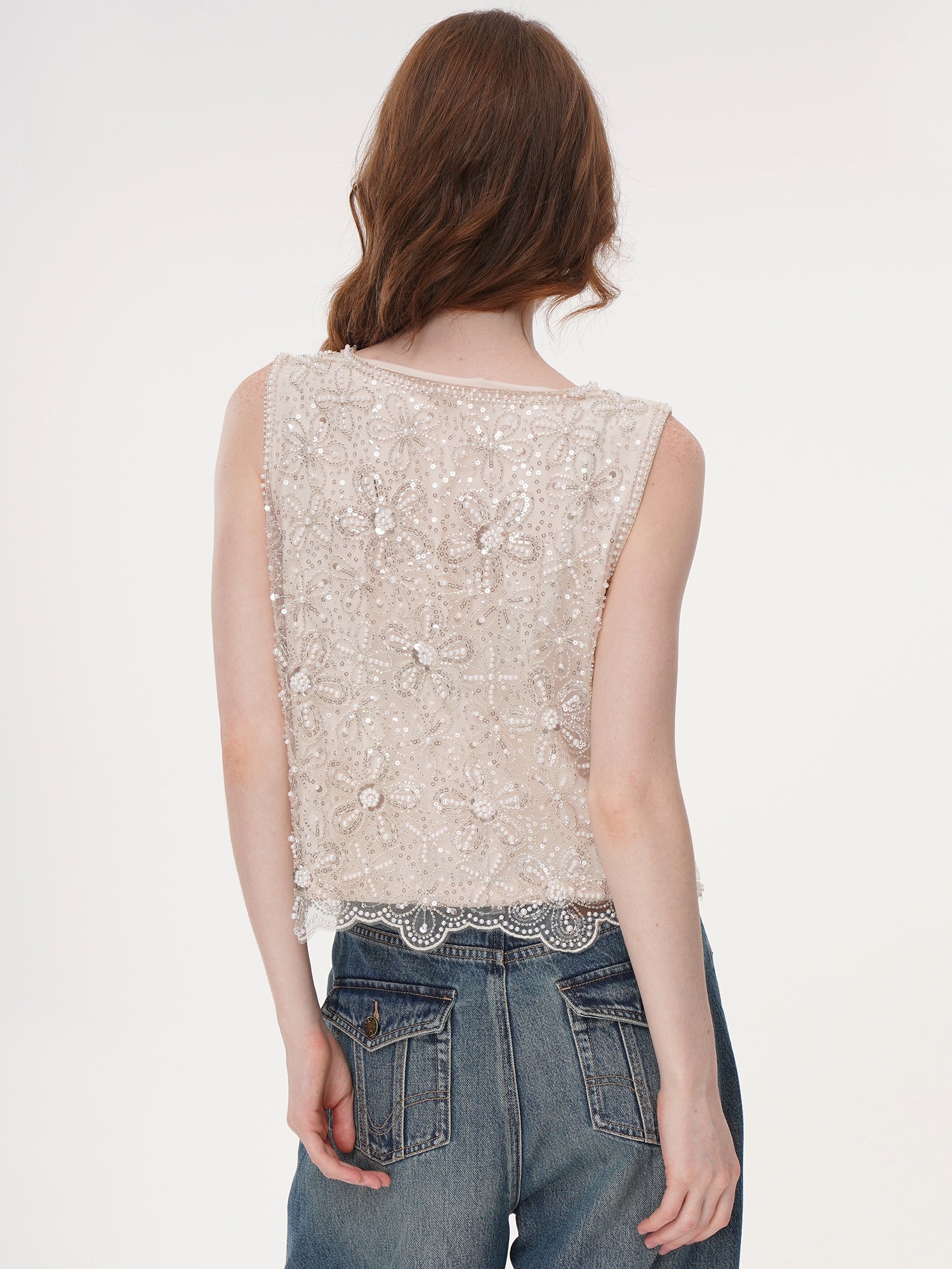 Cream Floral Pearl Beaded Rhinestone Mesh Sleeveless Top, Round Neck Scalloped Lace Hem Sheer Vest
