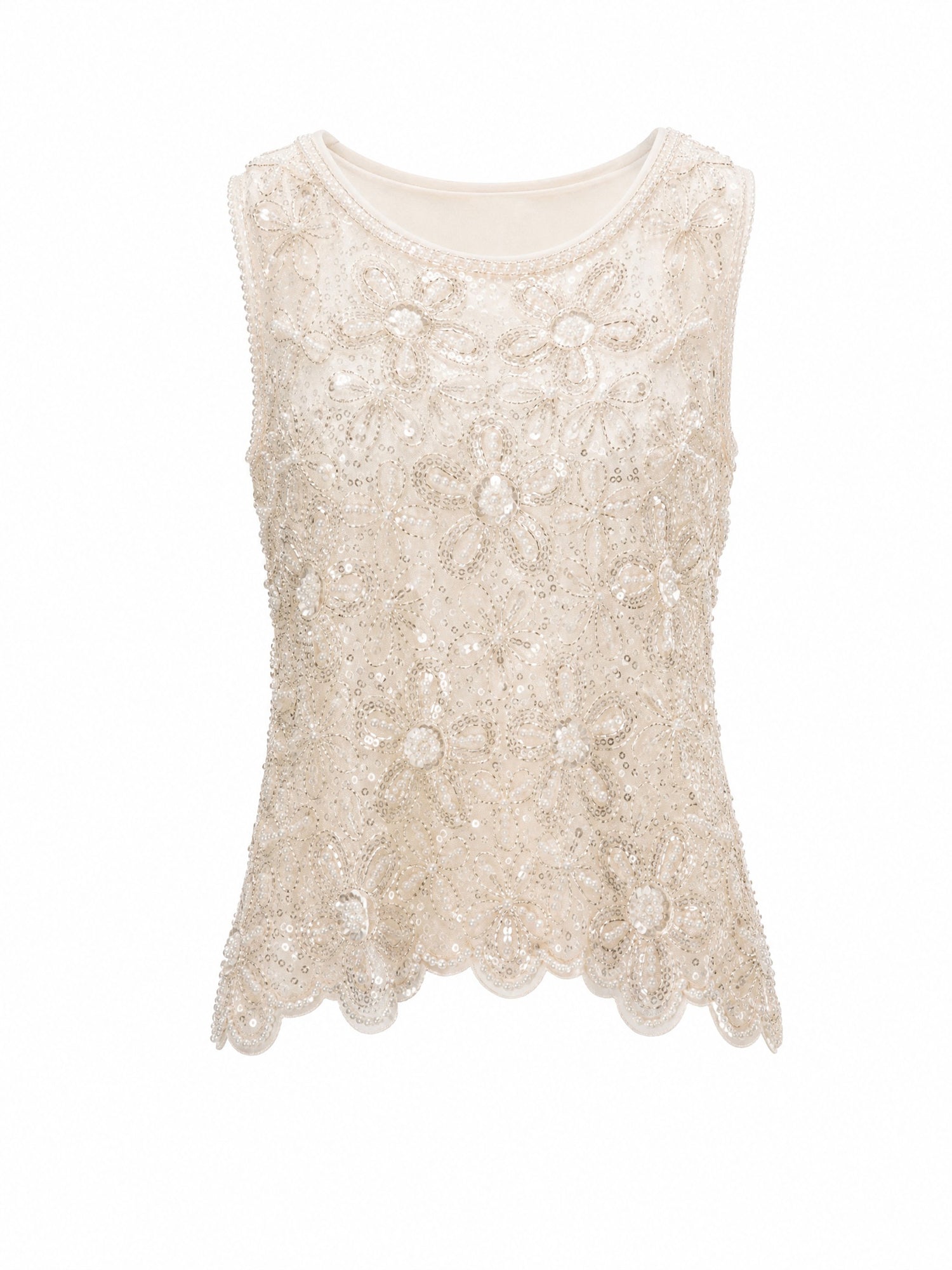 Cream Floral Pearl Beaded Rhinestone Mesh Sleeveless Top, Round Neck Scalloped Lace Hem Sheer Vest