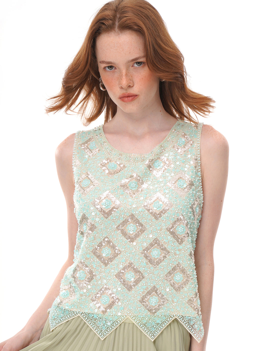 Mint Green Geometric Floral Beaded Sequin Mesh Sleeveless Top, Round Neck Irregular Pointed Hem Sheer Vest