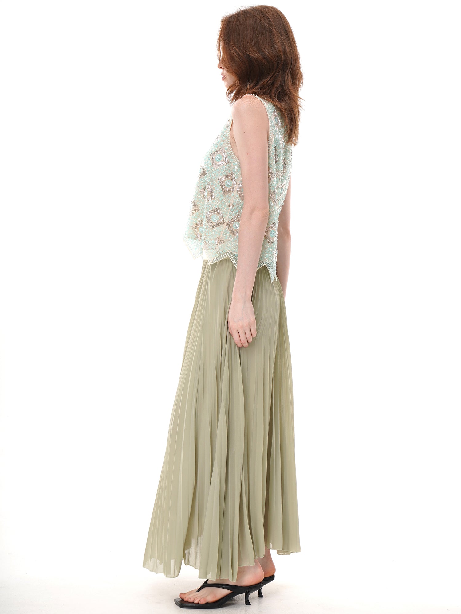 Mint Green Geometric Floral Beaded Sequin Mesh Sleeveless Top, Round Neck Irregular Pointed Hem Sheer Vest