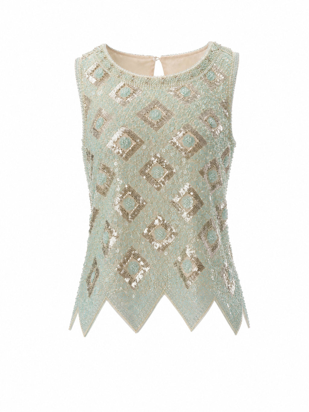 Mint Green Geometric Floral Beaded Sequin Mesh Sleeveless Top, Round Neck Irregular Pointed Hem Sheer Vest
