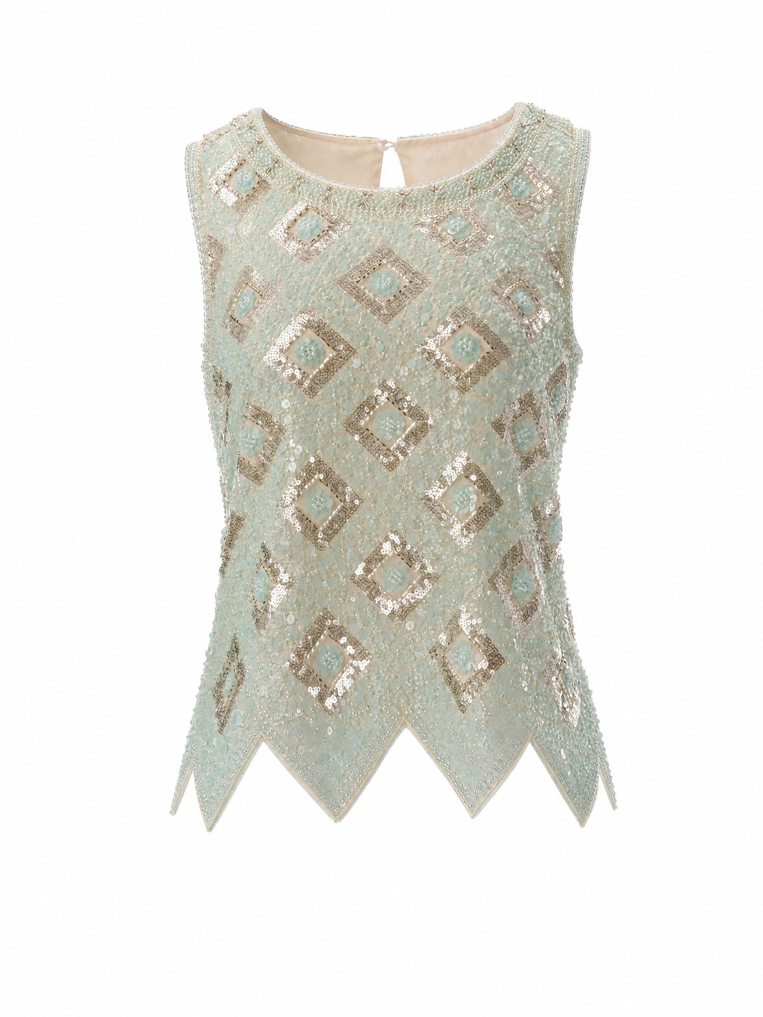 Mint Green Geometric Floral Beaded Sequin Mesh Sleeveless Top, Round Neck Irregular Pointed Hem Sheer Vest