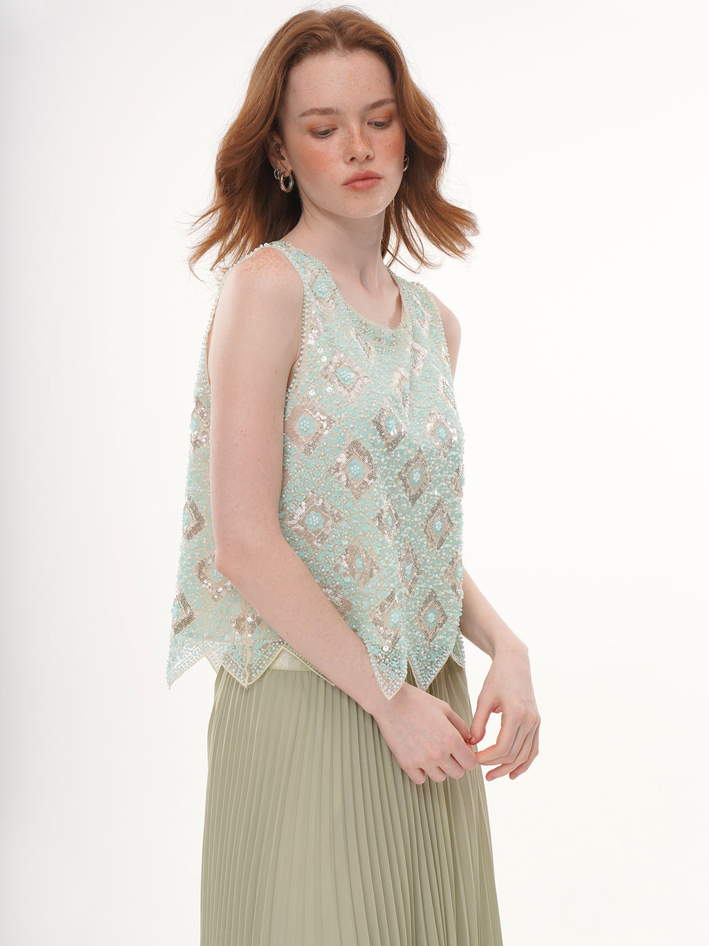 Mint Green Geometric Floral Beaded Sequin Mesh Sleeveless Top, Round Neck Irregular Pointed Hem Sheer Vest