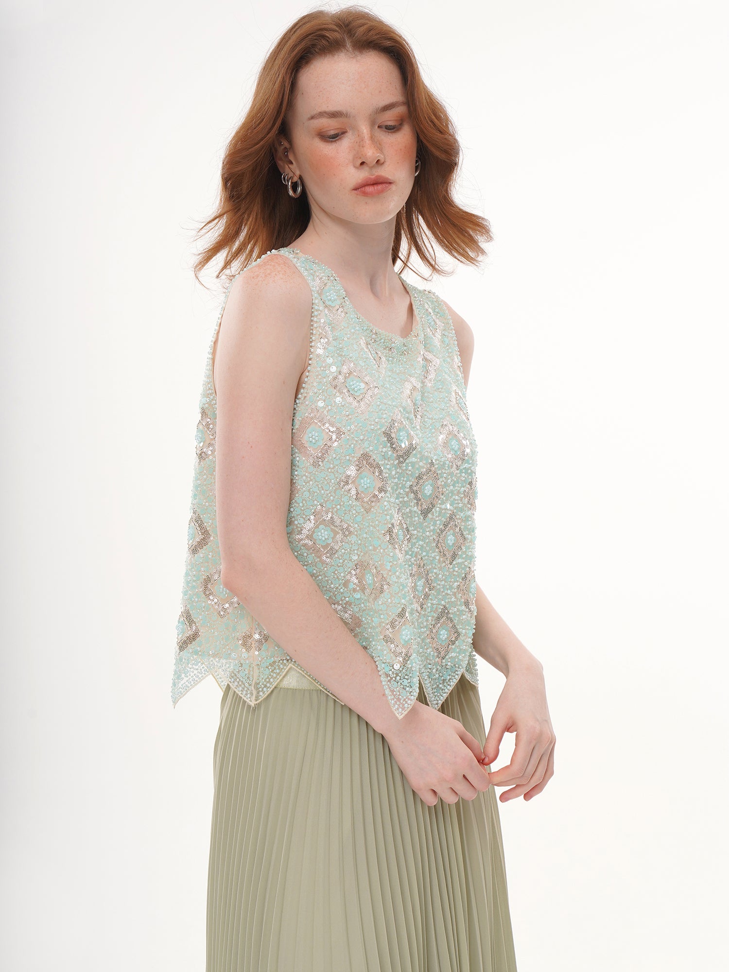 Mint Green Geometric Floral Beaded Sequin Mesh Sleeveless Top, Round Neck Irregular Pointed Hem Sheer Vest