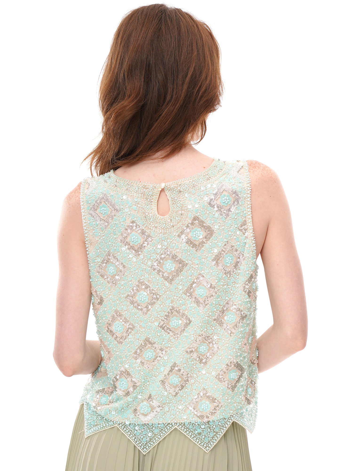 Mint Green Geometric Floral Beaded Sequin Mesh Sleeveless Top, Round Neck Irregular Pointed Hem Sheer Vest