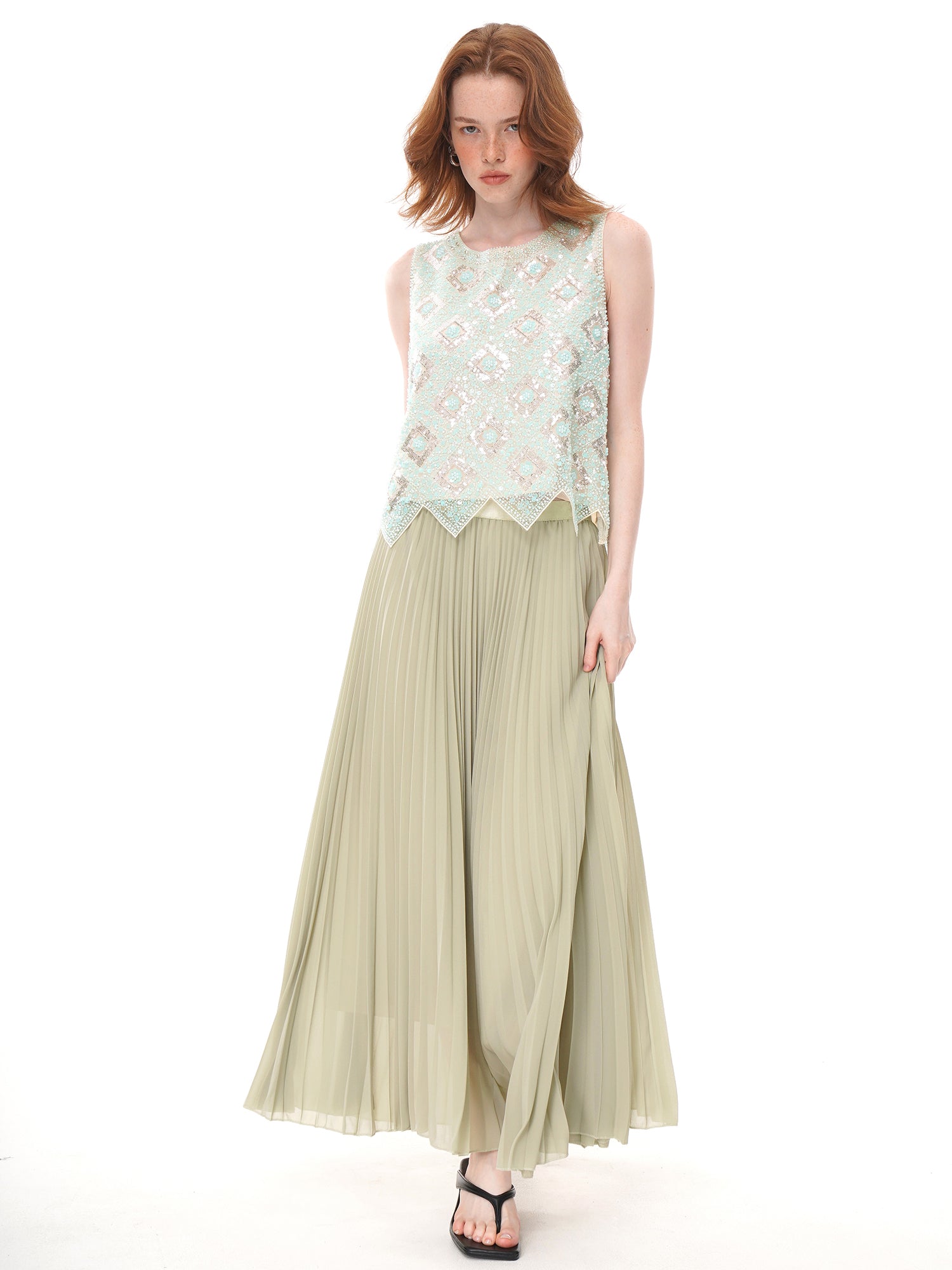 Mint Green Geometric Floral Beaded Sequin Mesh Sleeveless Top, Round Neck Irregular Pointed Hem Sheer Vest