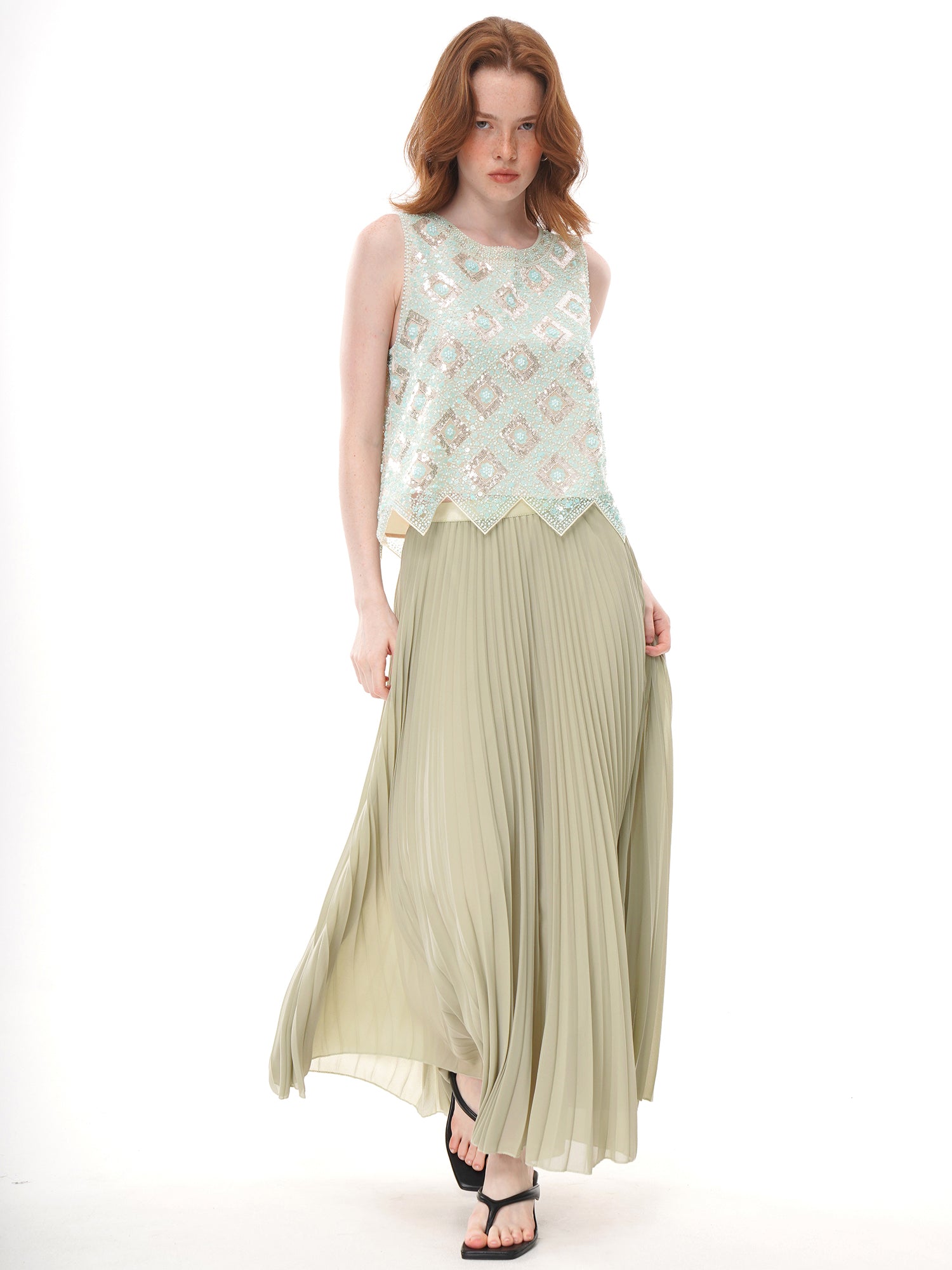 Mint Green Geometric Floral Beaded Sequin Mesh Sleeveless Top, Round Neck Irregular Pointed Hem Sheer Vest