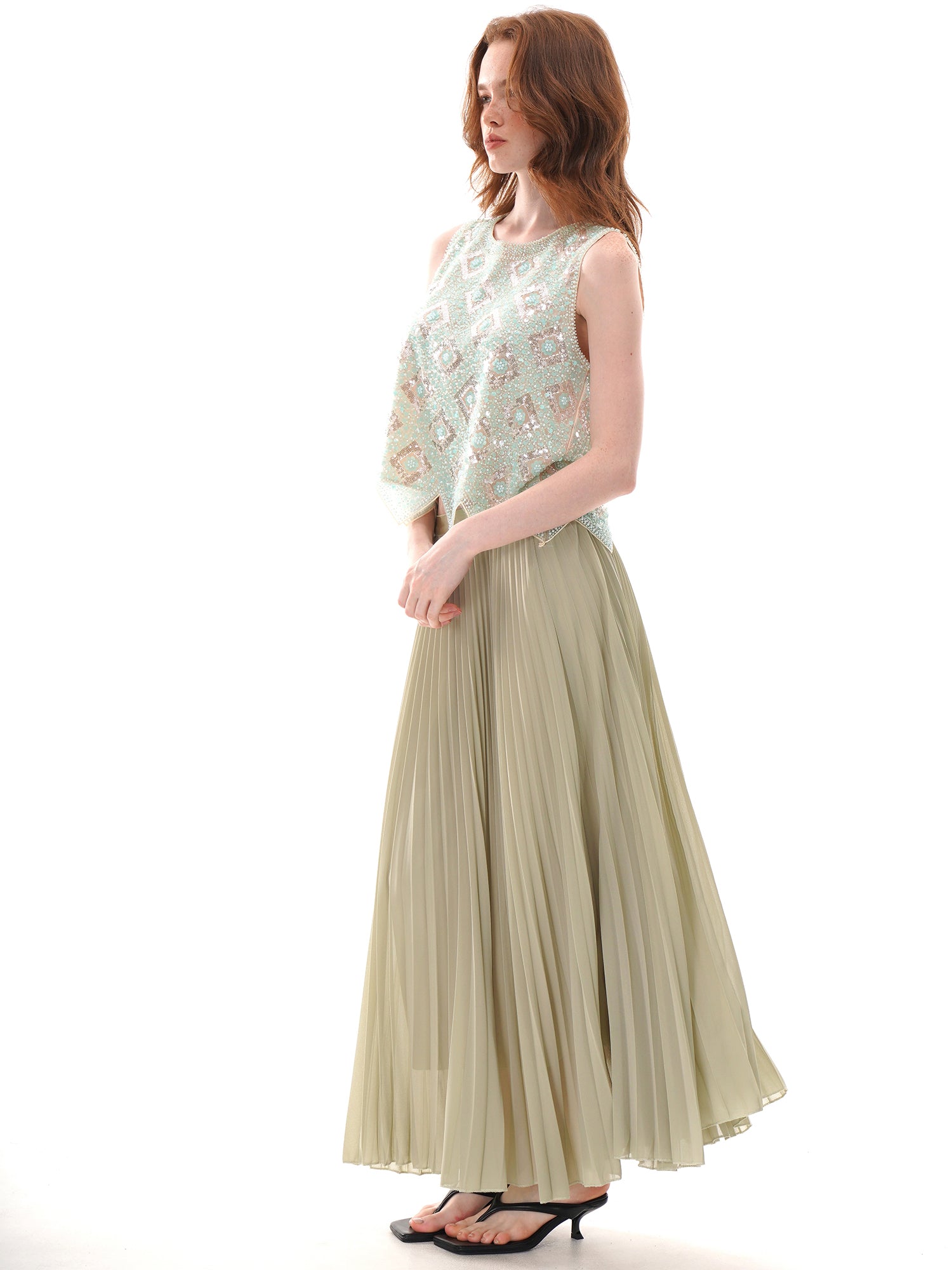 Mint Green Geometric Floral Beaded Sequin Mesh Sleeveless Top, Round Neck Irregular Pointed Hem Sheer Vest