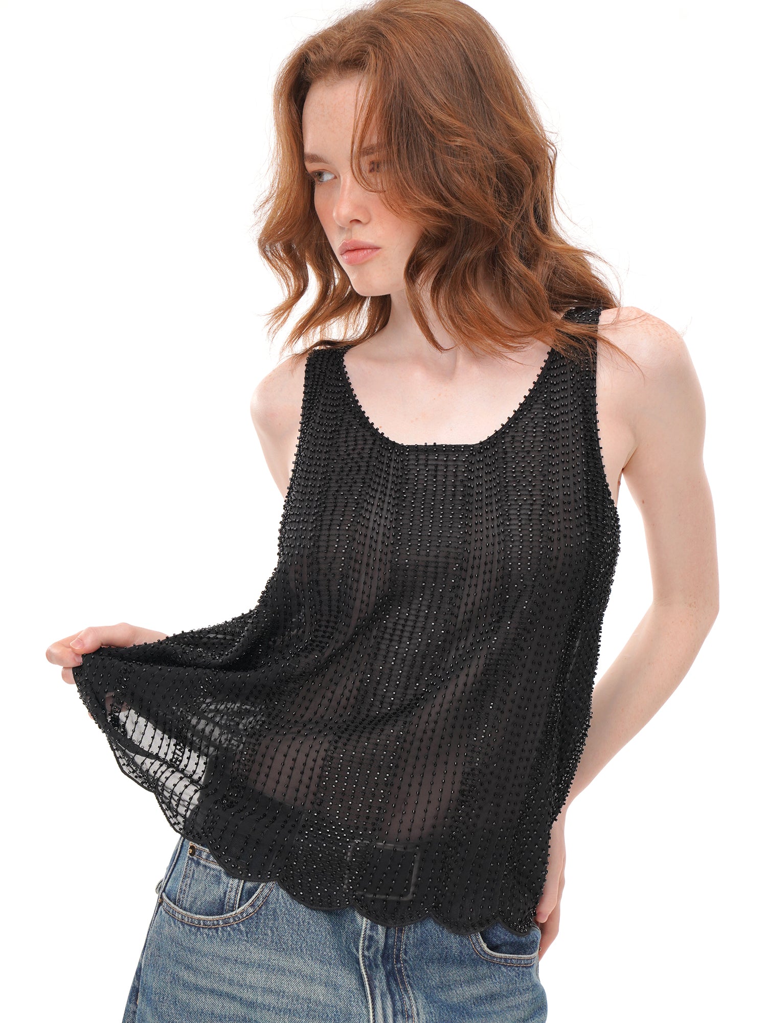Black All Over Beaded Mesh Tank Top, U Neck Loose Fit Sheer Sleeveless Vest