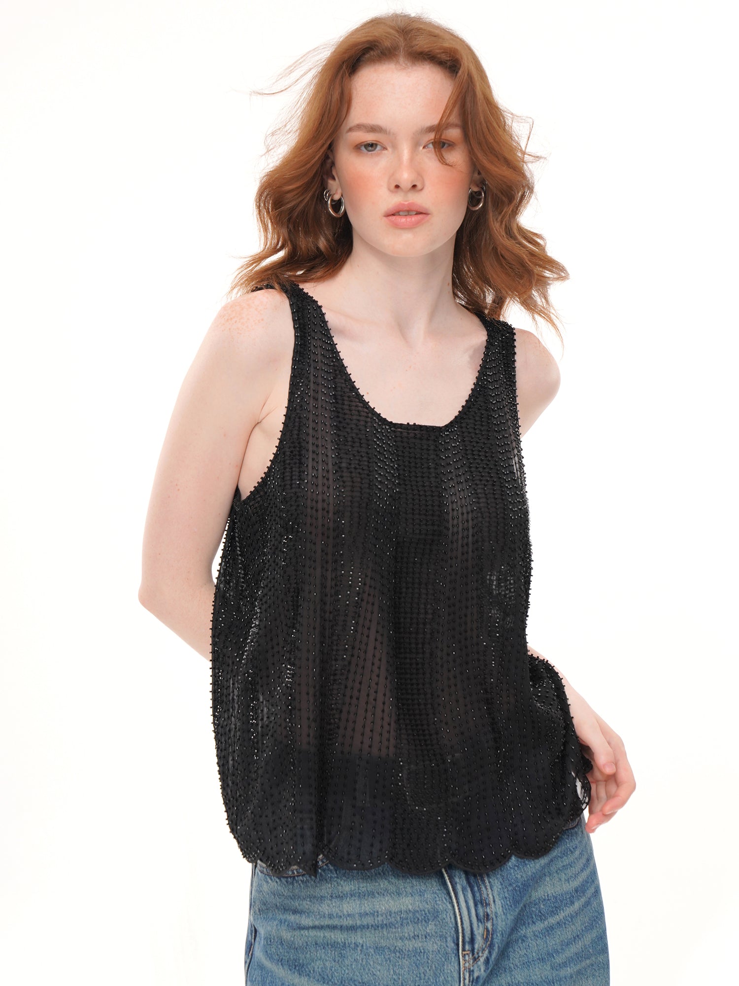 Black All Over Beaded Mesh Tank Top, U Neck Loose Fit Sheer Sleeveless Vest