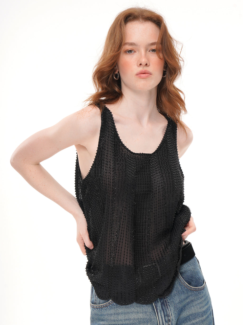 Black All Over Beaded Mesh Tank Top, U Neck Loose Fit Sheer Sleeveless Vest