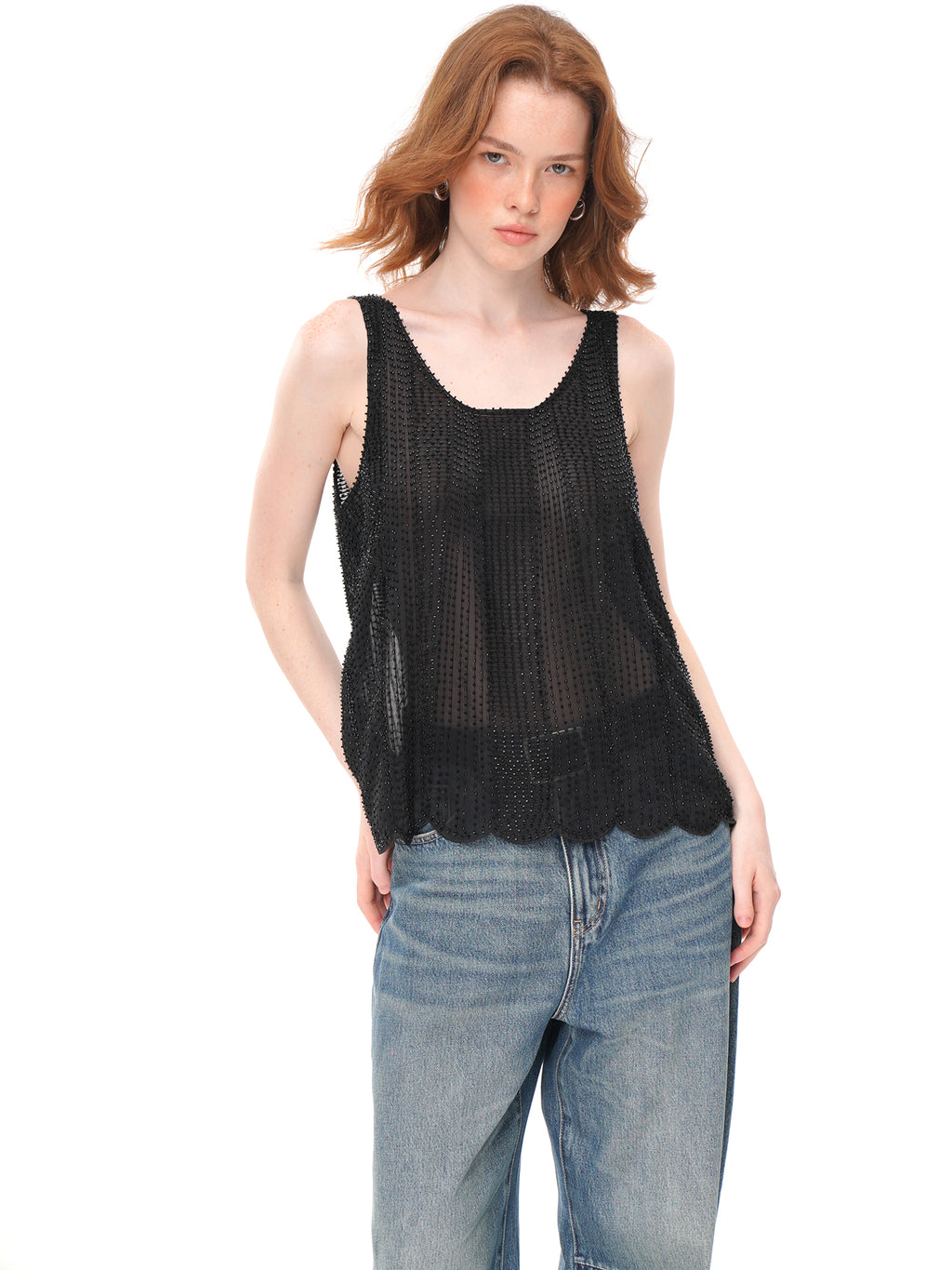 Black All Over Beaded Mesh Tank Top, U Neck Loose Fit Sheer Sleeveless Vest