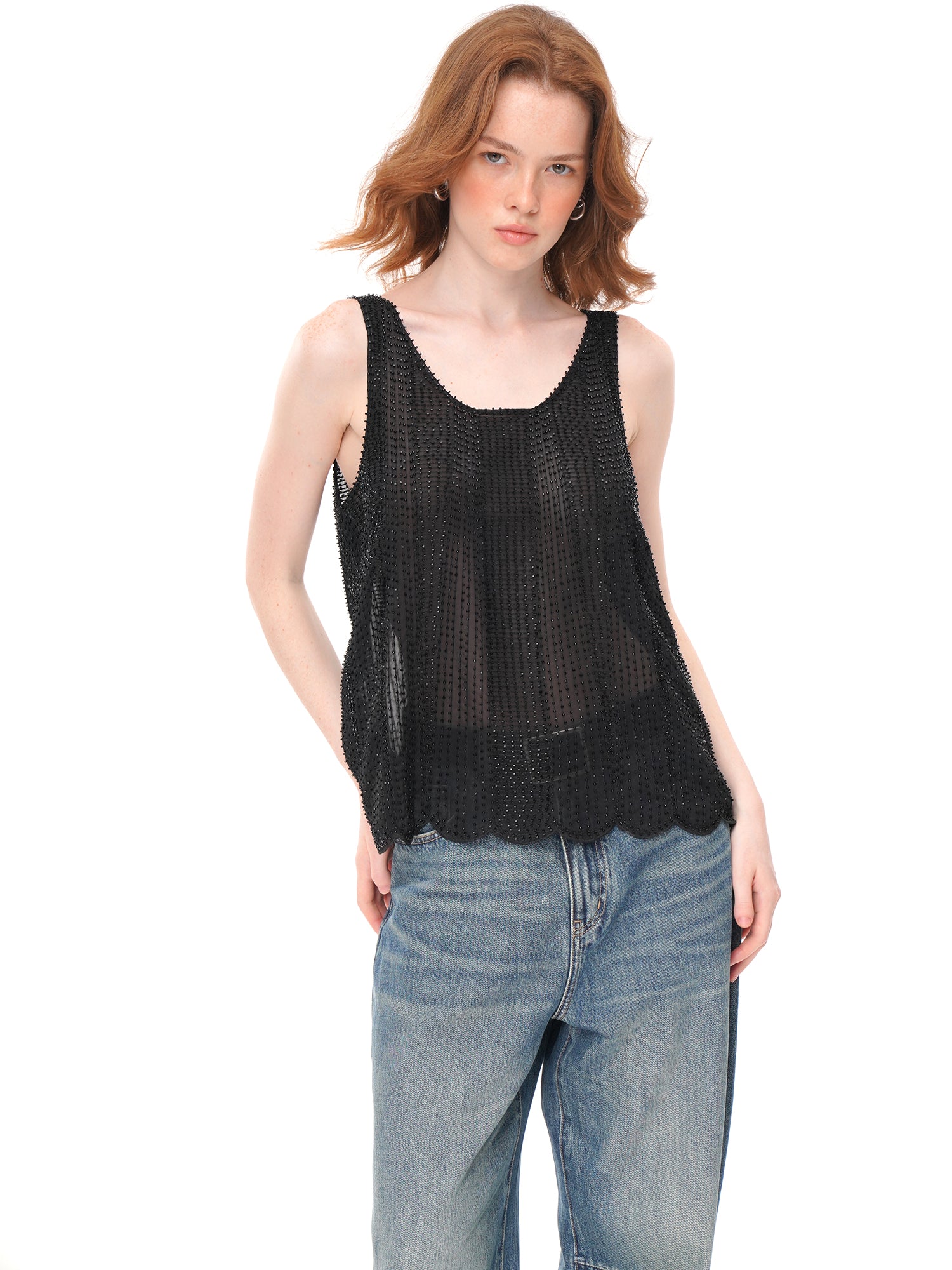 Black All Over Beaded Mesh Tank Top, U Neck Loose Fit Sheer Sleeveless Vest