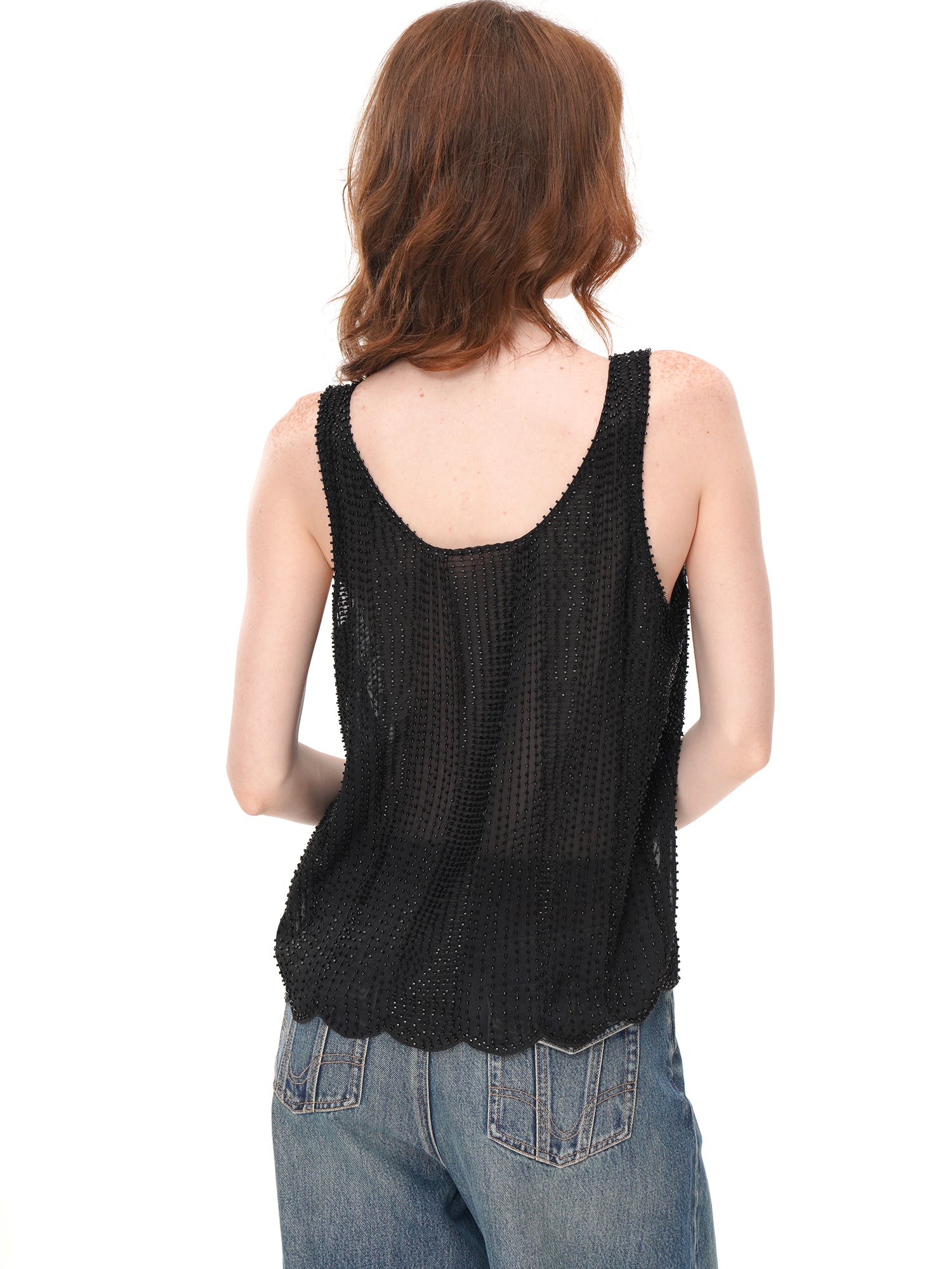 Black All Over Beaded Mesh Tank Top, U Neck Loose Fit Sheer Sleeveless Vest