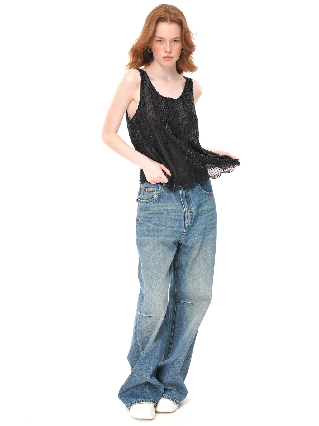 Black All Over Beaded Mesh Tank Top, U Neck Loose Fit Sheer Sleeveless Vest