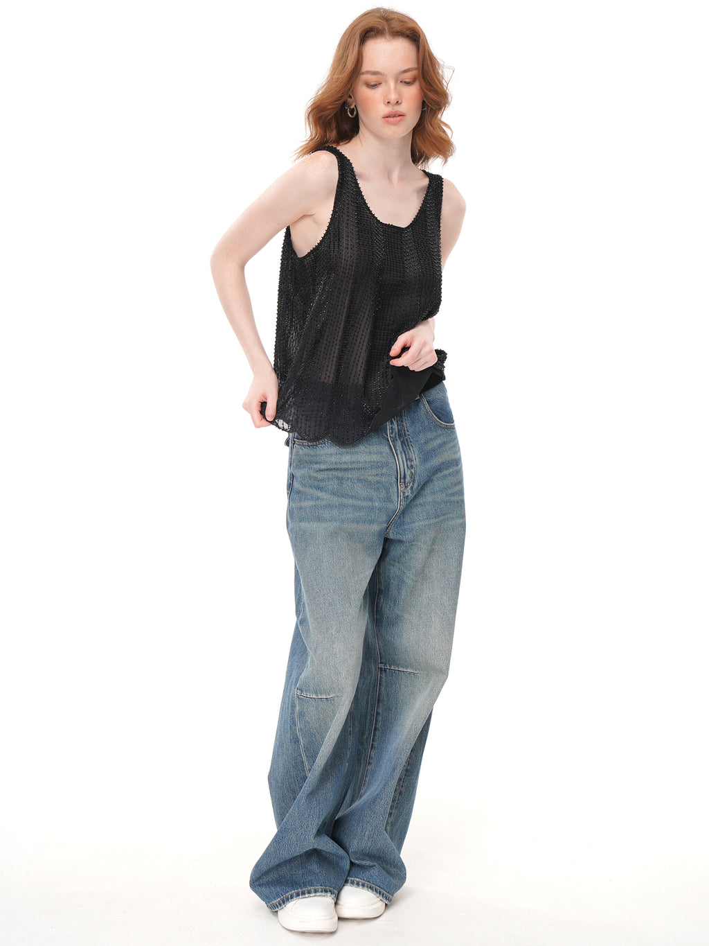 Black All Over Beaded Mesh Tank Top, U Neck Loose Fit Sheer Sleeveless Vest